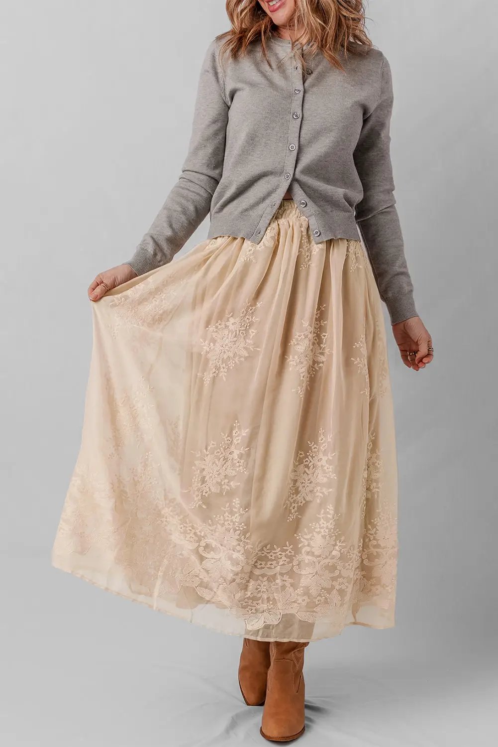 Grateful Threads Boutique Oatmeal Embroidered Mesh Overlay Flowy Long Skirt - Skirts Oatmeal Embroidered Mesh Overlay Flowy Long Skirt
