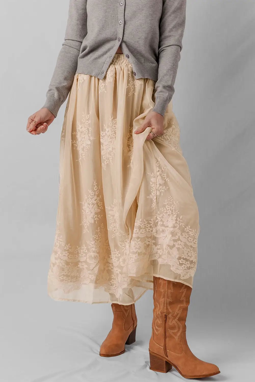 Grateful Threads Boutique Oatmeal Embroidered Mesh Overlay Flowy Long Skirt - Skirts Oatmeal Embroidered Mesh Overlay Flowy Long Skirt