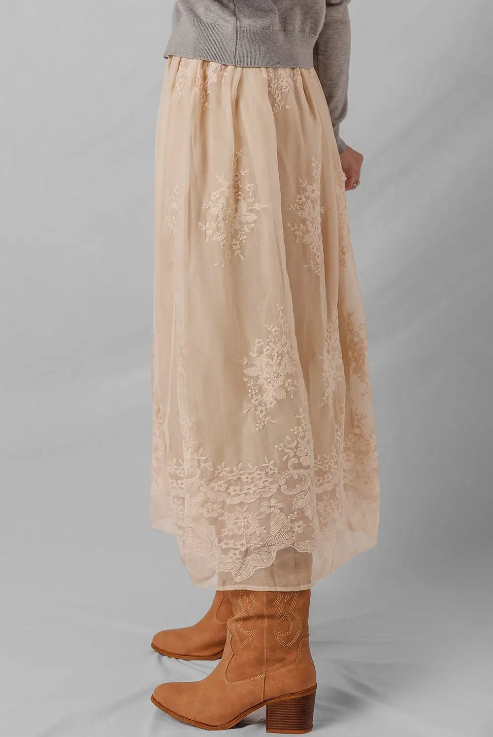 Grateful Threads Boutique Oatmeal Embroidered Mesh Overlay Flowy Long Skirt - Skirts Oatmeal Embroidered Mesh Overlay Flowy Long Skirt
