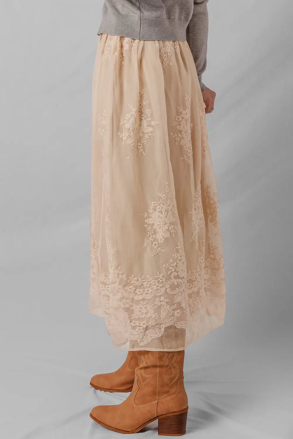 Grateful Threads Boutique Oatmeal Embroidered Mesh Overlay Flowy Long Skirt - Skirts Oatmeal Embroidered Mesh Overlay Flowy Long Skirt