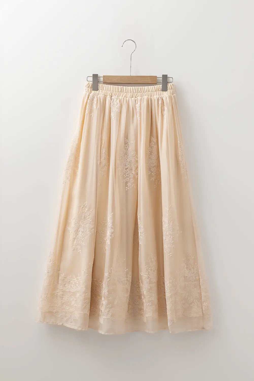 Grateful Threads Boutique Oatmeal Embroidered Mesh Overlay Flowy Long Skirt - Skirts Oatmeal Embroidered Mesh Overlay Flowy Long Skirt