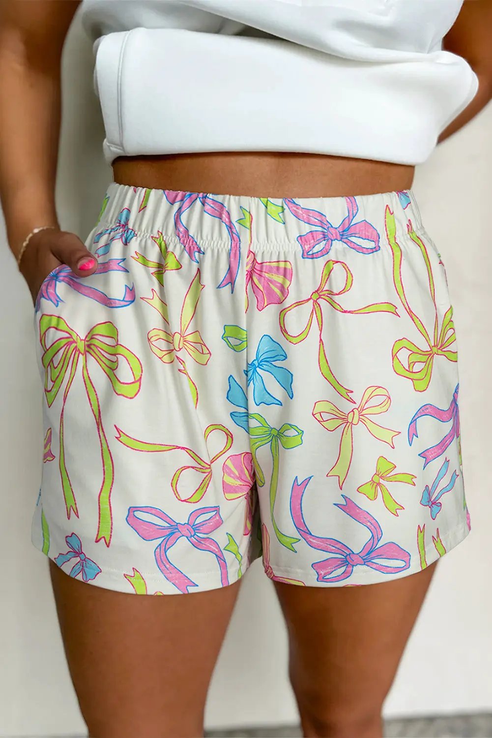 Grateful Threads Boutique White Cheerful Bow Print Elastic Pull On Casual Shorts - Jogger Shorts White Cheerful Bow Print Elastic Pull On Casual Shorts