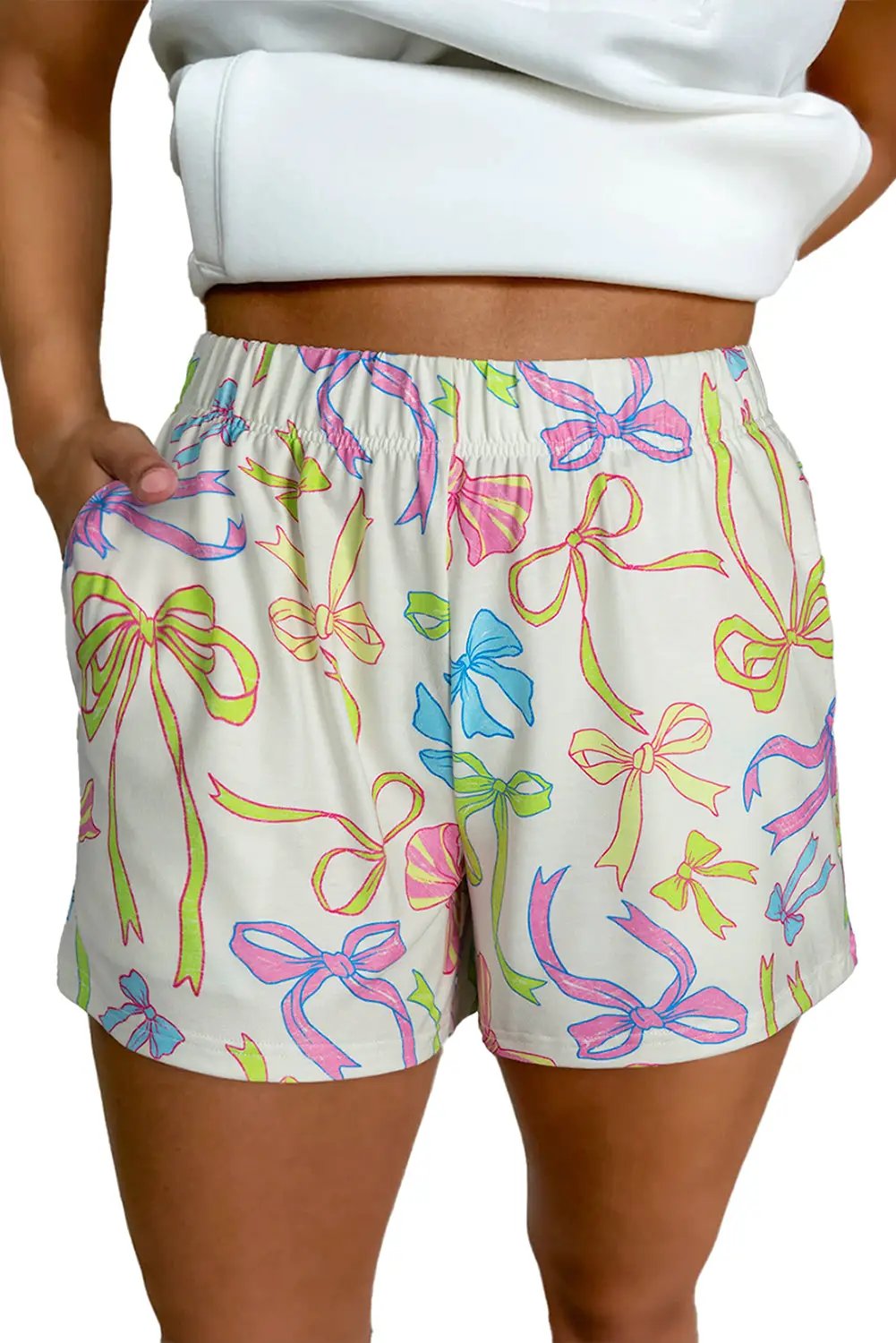 Grateful Threads Boutique White Cheerful Bow Print Elastic Pull On Casual Shorts - Jogger Shorts White Cheerful Bow Print Elastic Pull On Casual Shorts