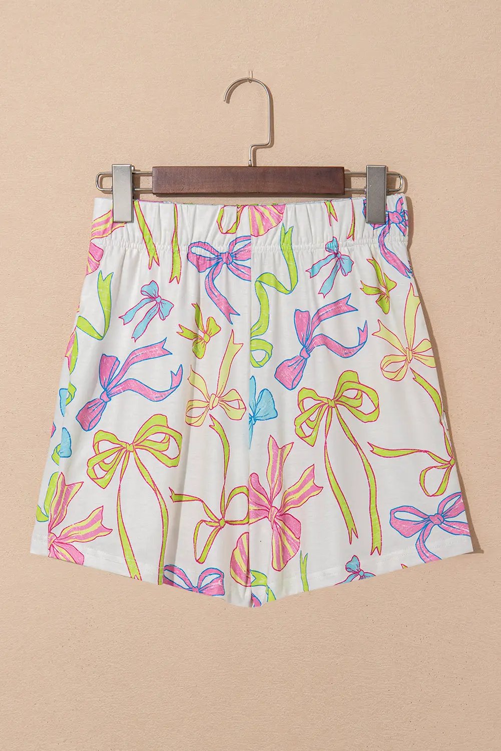 Grateful Threads Boutique White Cheerful Bow Print Elastic Pull On Casual Shorts - Jogger Shorts White Cheerful Bow Print Elastic Pull On Casual Shorts