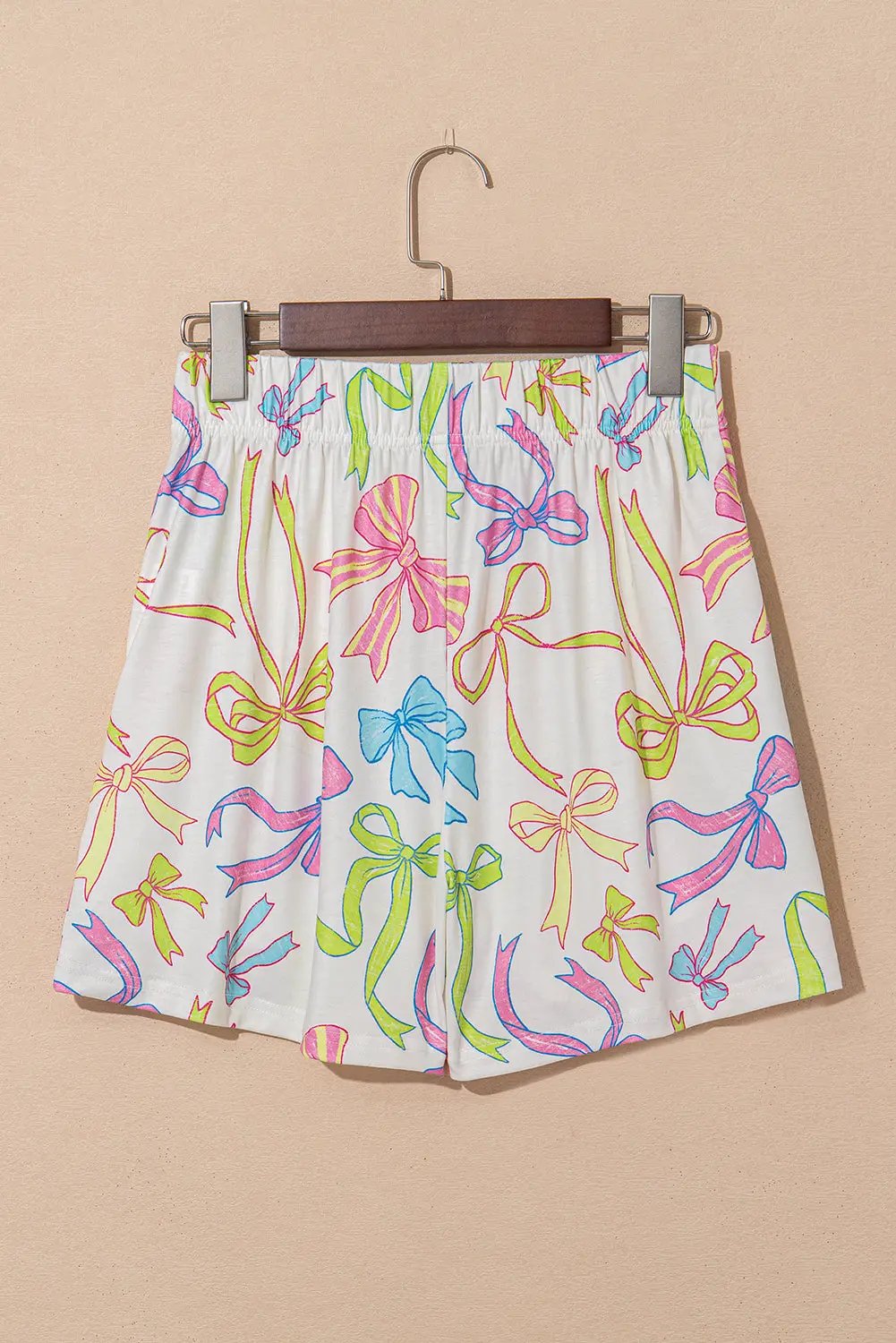 Grateful Threads Boutique White Cheerful Bow Print Elastic Pull On Casual Shorts - Jogger Shorts White Cheerful Bow Print Elastic Pull On Casual Shorts