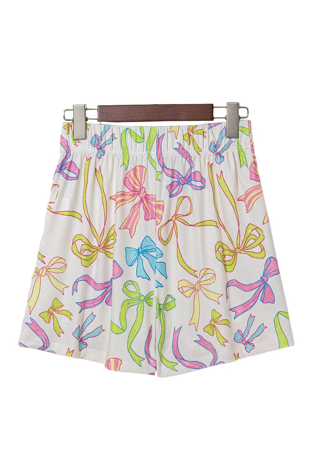 Grateful Threads Boutique White Cheerful Bow Print Elastic Pull On Casual Shorts - Jogger Shorts White Cheerful Bow Print Elastic Pull On Casual Shorts