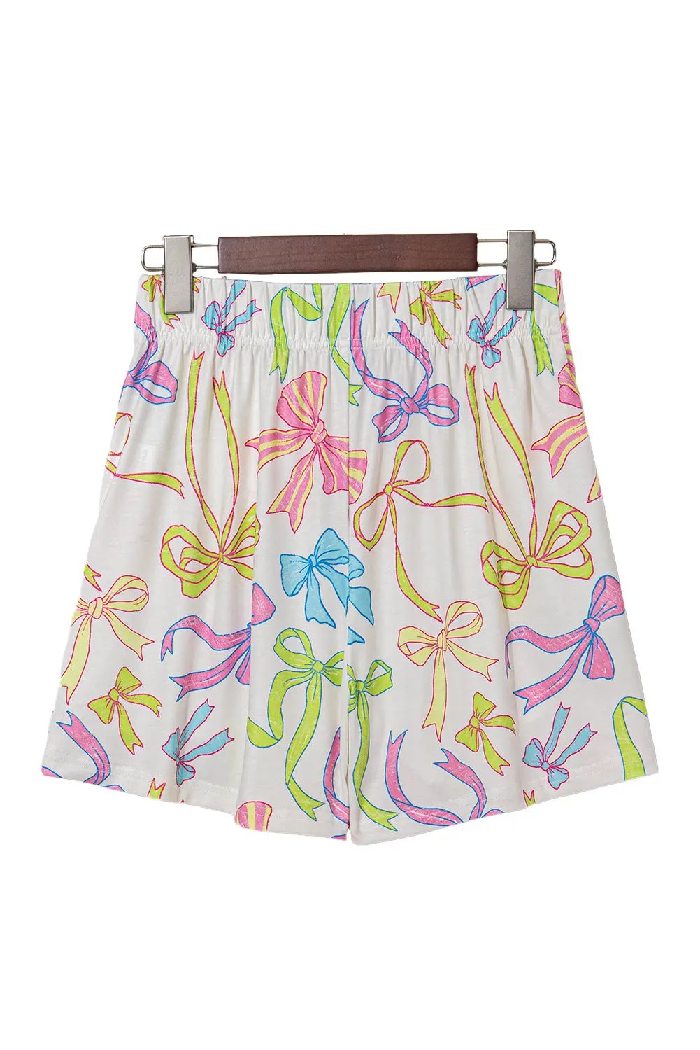 Grateful Threads Boutique White Cheerful Bow Print Elastic Pull On Casual Shorts - Jogger Shorts White Cheerful Bow Print Elastic Pull On Casual Shorts