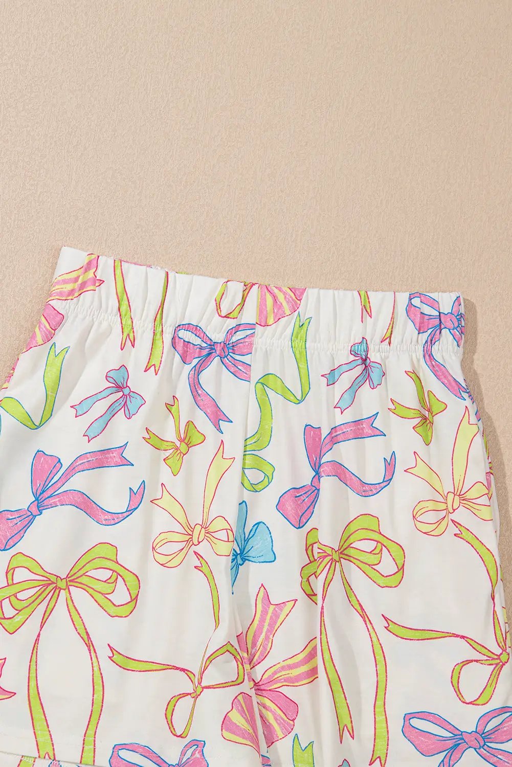 Grateful Threads Boutique White Cheerful Bow Print Elastic Pull On Casual Shorts - Jogger Shorts White Cheerful Bow Print Elastic Pull On Casual Shorts