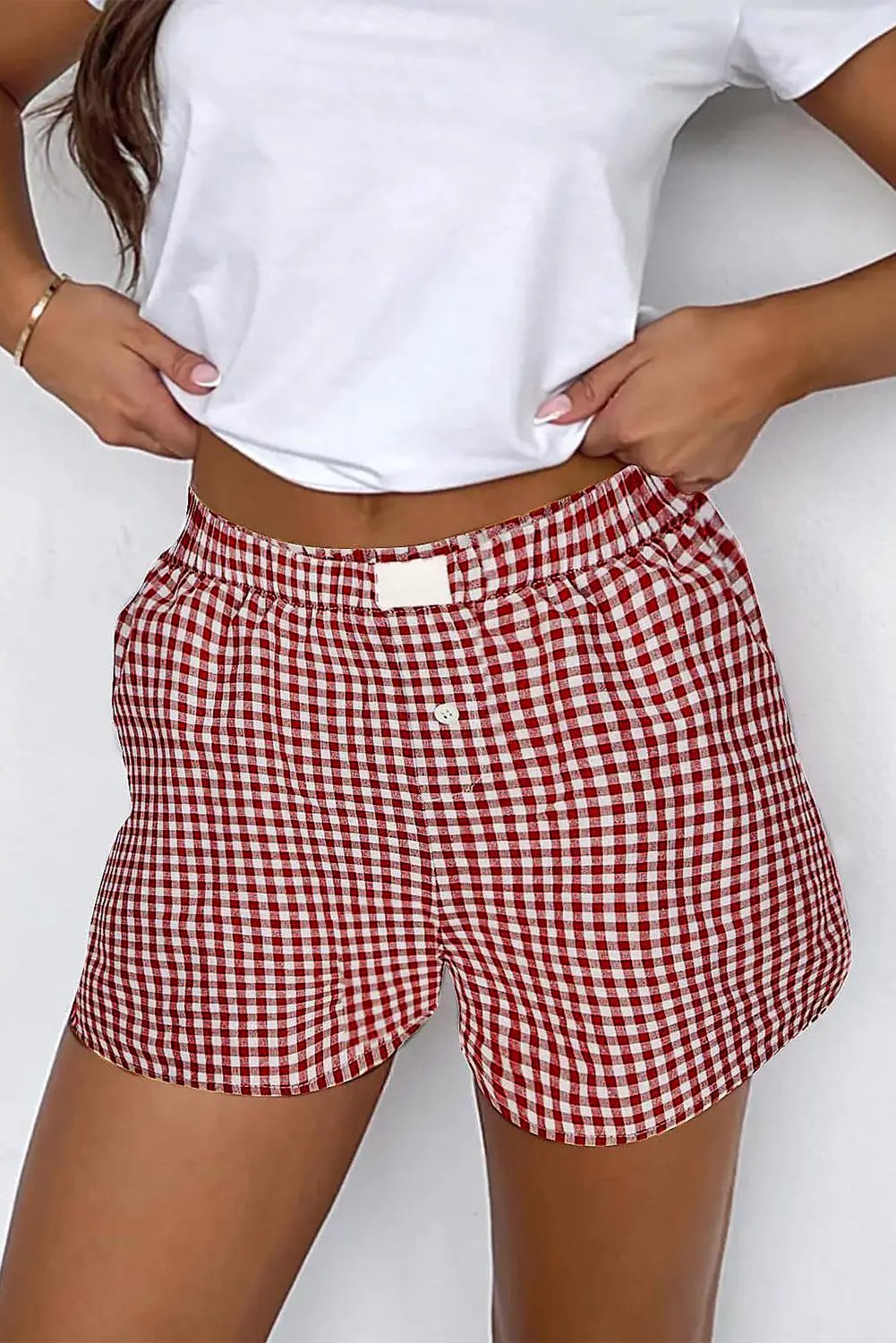 Grateful Threads Boutique Gingham High Waist Boxer Shorts – Trendy, Comfy & Flattering Fit - Short Trousers Gingham Printed High Waist Shorts