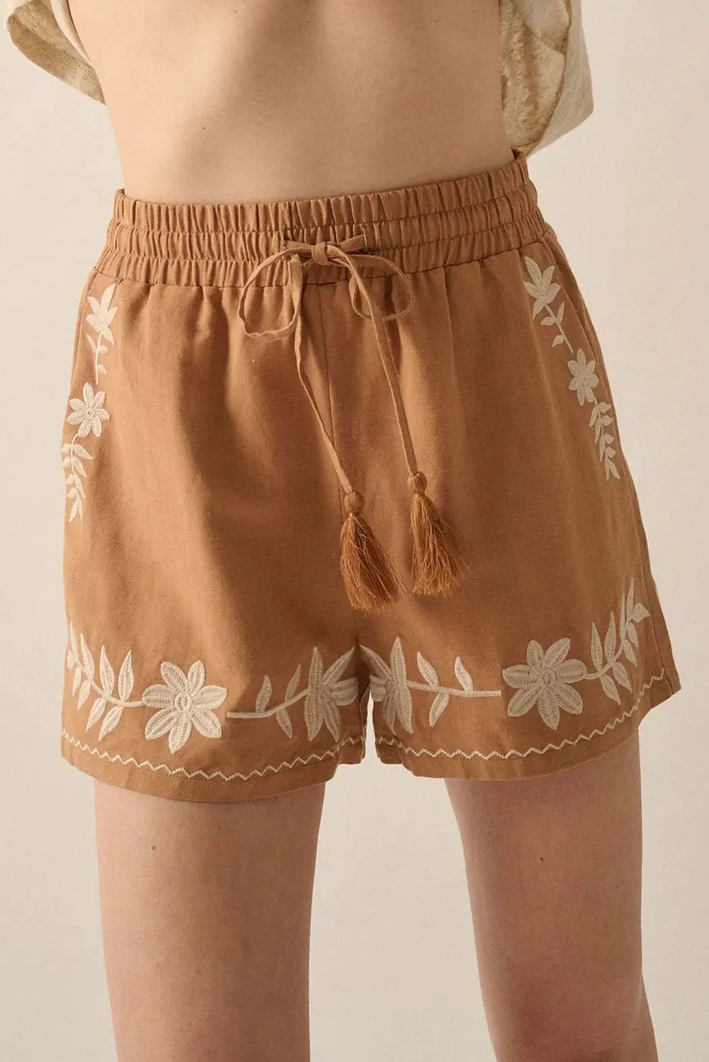 Grateful Threads Boutique Khaki Embroidered Boho Tasseled Drawstring Elastic Waist Casual Shorts - Shorts embroidered boho tassel shorts