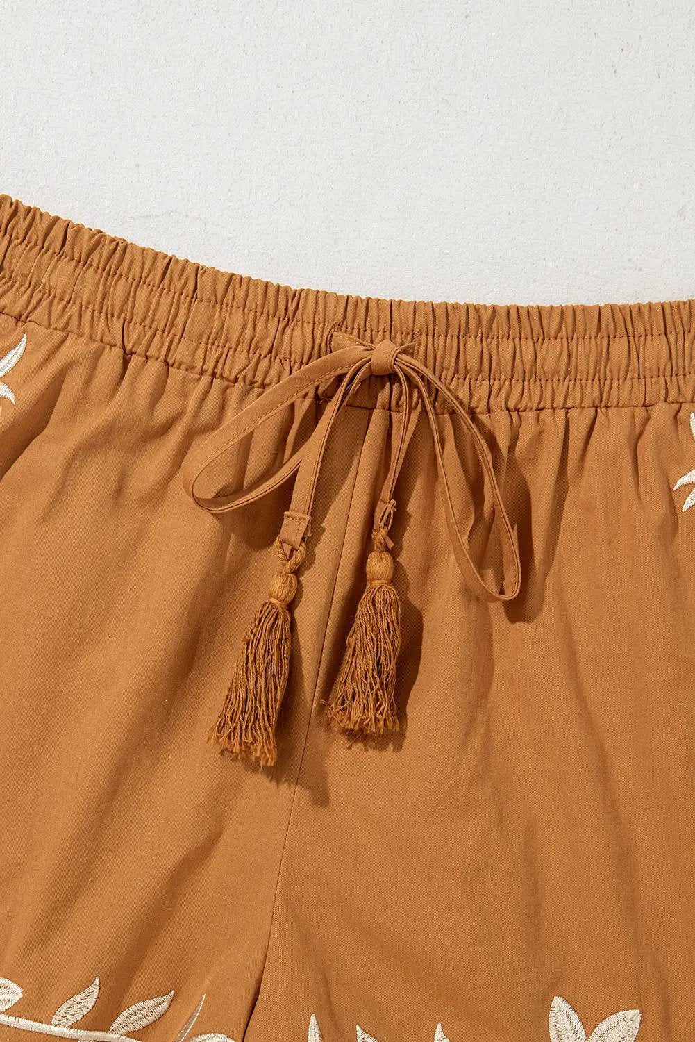 Grateful Threads Boutique Khaki Embroidered Boho Tasseled Drawstring Elastic Waist Casual Shorts - Shorts embroidered boho tassel shorts