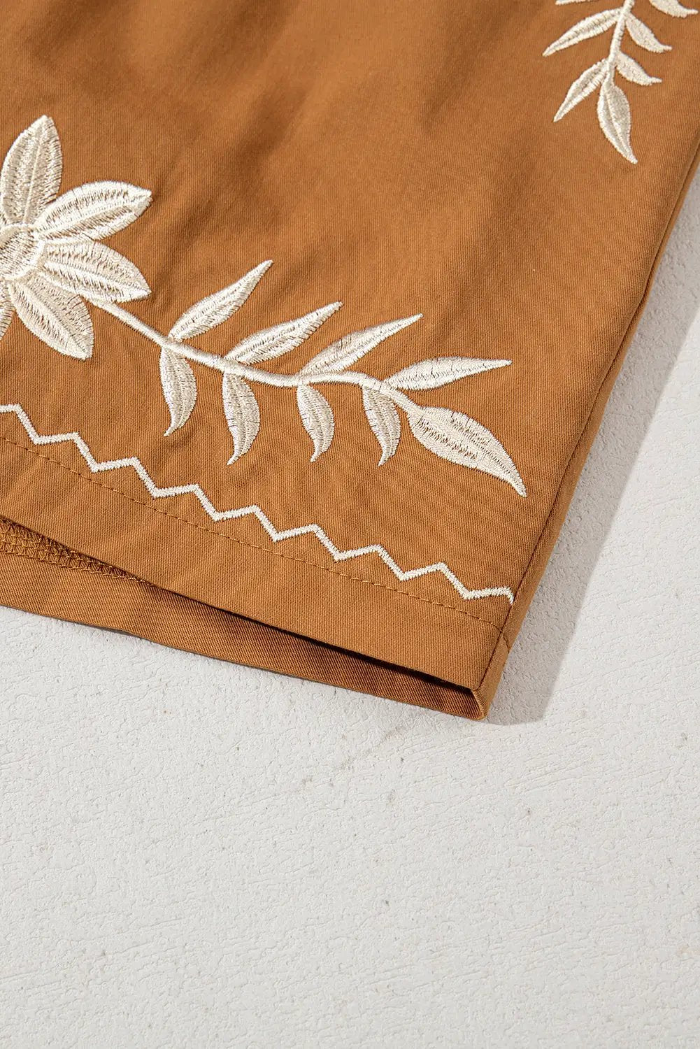Grateful Threads Boutique Khaki Embroidered Boho Tasseled Drawstring Elastic Waist Casual Shorts - Shorts embroidered boho tassel shorts