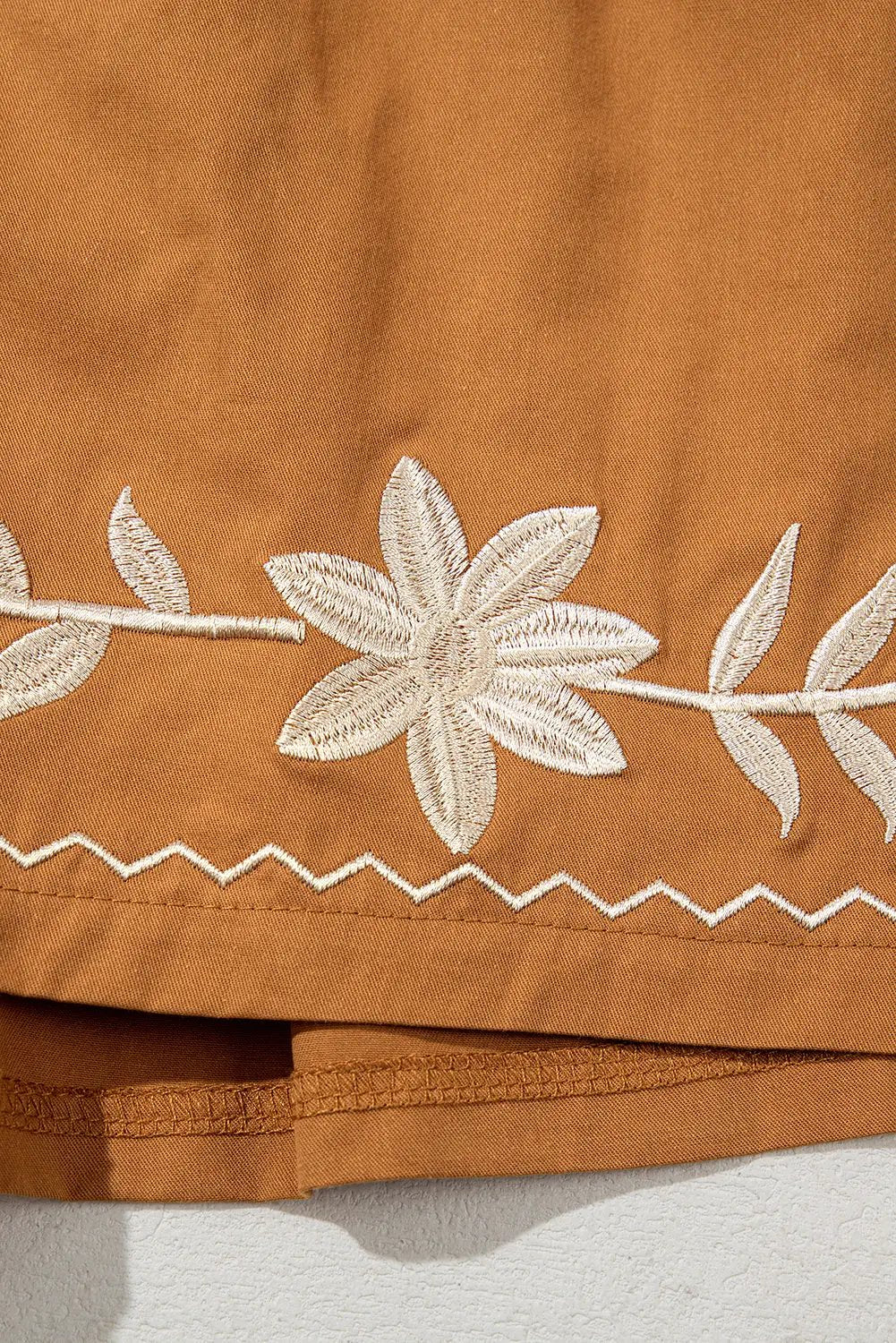 Grateful Threads Boutique Khaki Embroidered Boho Tasseled Drawstring Elastic Waist Casual Shorts - Shorts embroidered boho tassel shorts