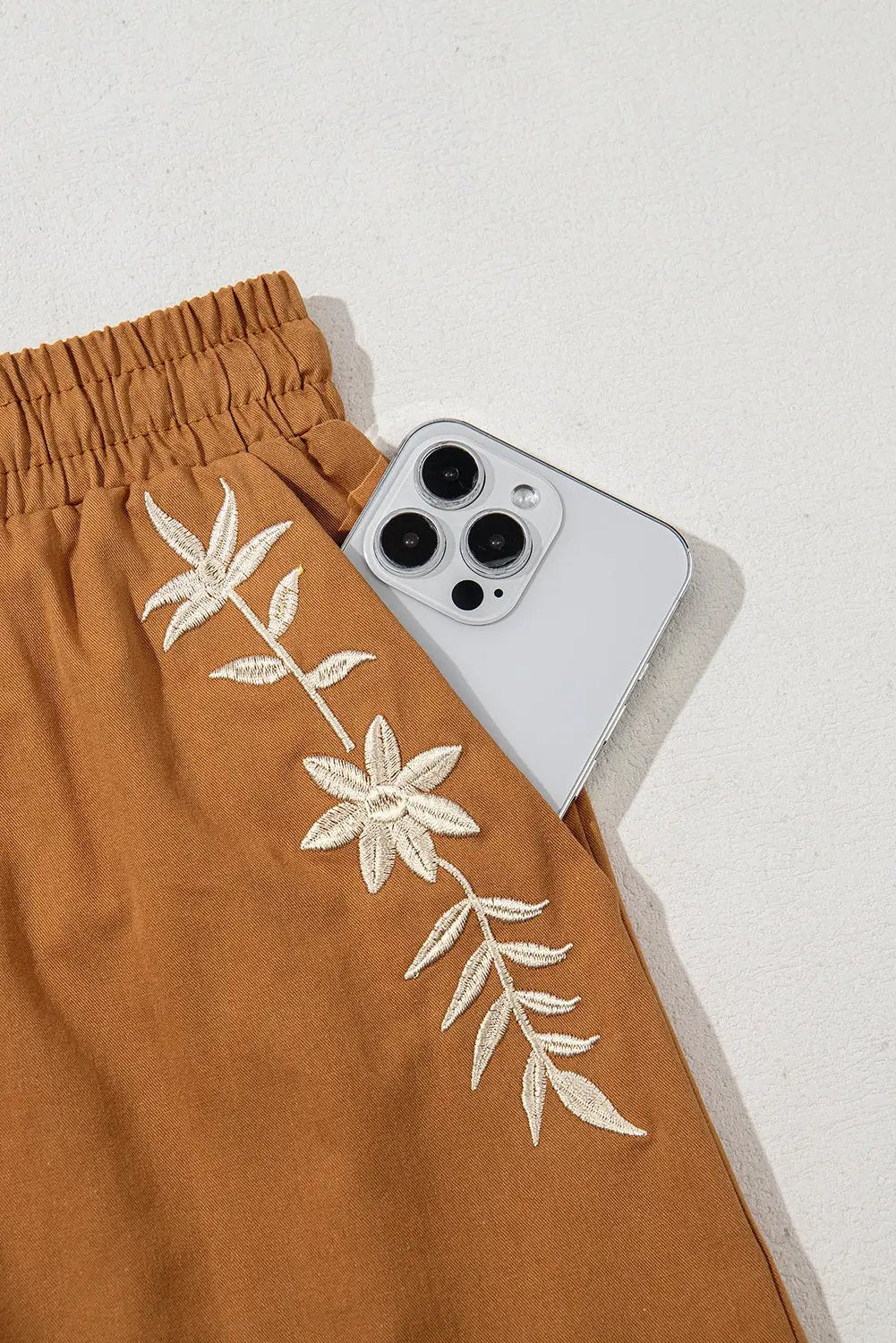 Grateful Threads Boutique Khaki Embroidered Boho Tasseled Drawstring Elastic Waist Casual Shorts - Shorts embroidered boho tassel shorts