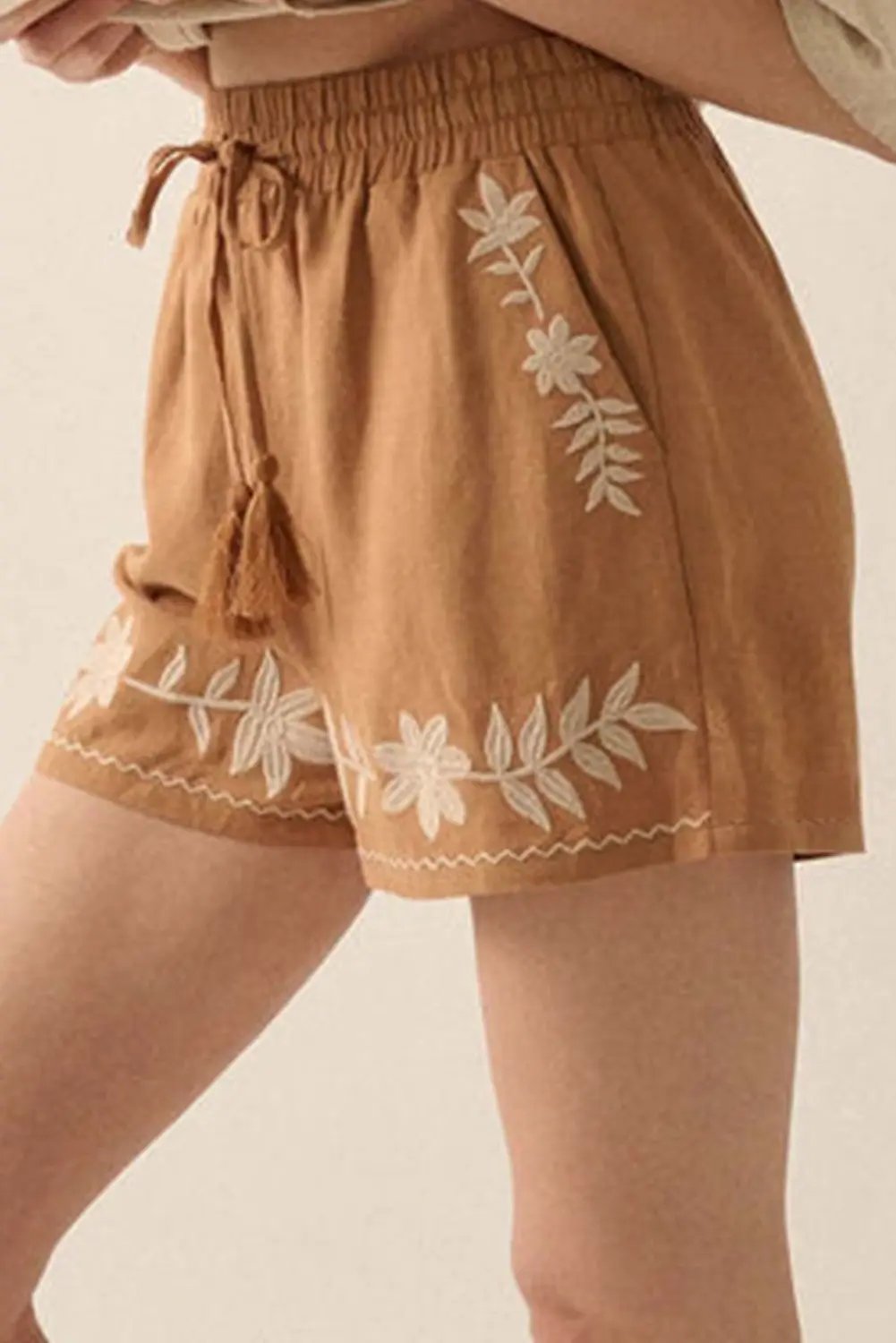 Grateful Threads Boutique Khaki Embroidered Boho Tasseled Drawstring Elastic Waist Casual Shorts - Shorts embroidered boho tassel shorts