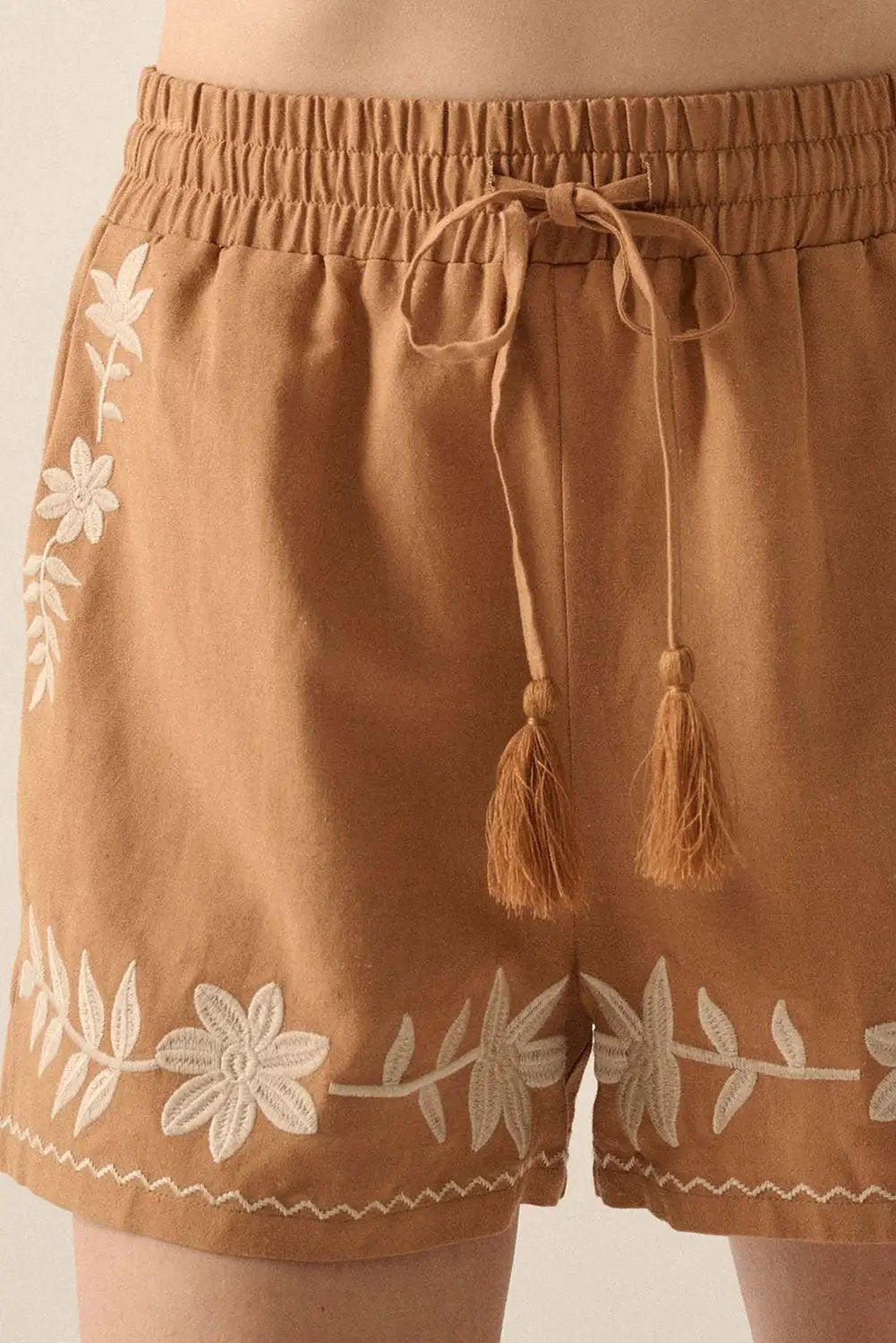 Grateful Threads Boutique Khaki Embroidered Boho Tasseled Drawstring Elastic Waist Casual Shorts - Shorts embroidered boho tassel shorts