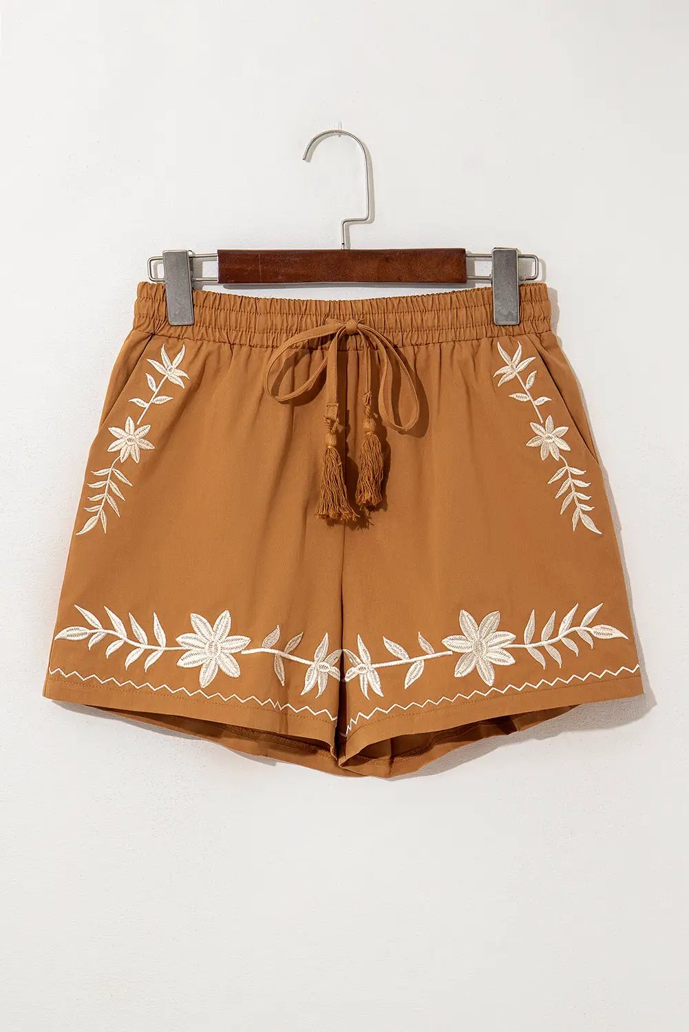 Grateful Threads Boutique Khaki Embroidered Boho Tasseled Drawstring Elastic Waist Casual Shorts - Shorts embroidered boho tassel shorts