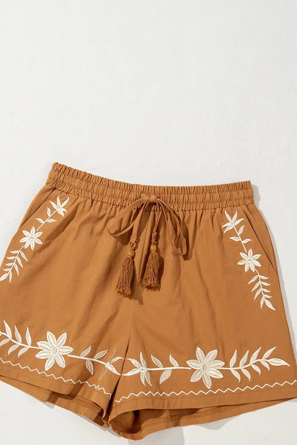 Grateful Threads Boutique Khaki Embroidered Boho Tasseled Drawstring Elastic Waist Casual Shorts - Shorts embroidered boho tassel shorts