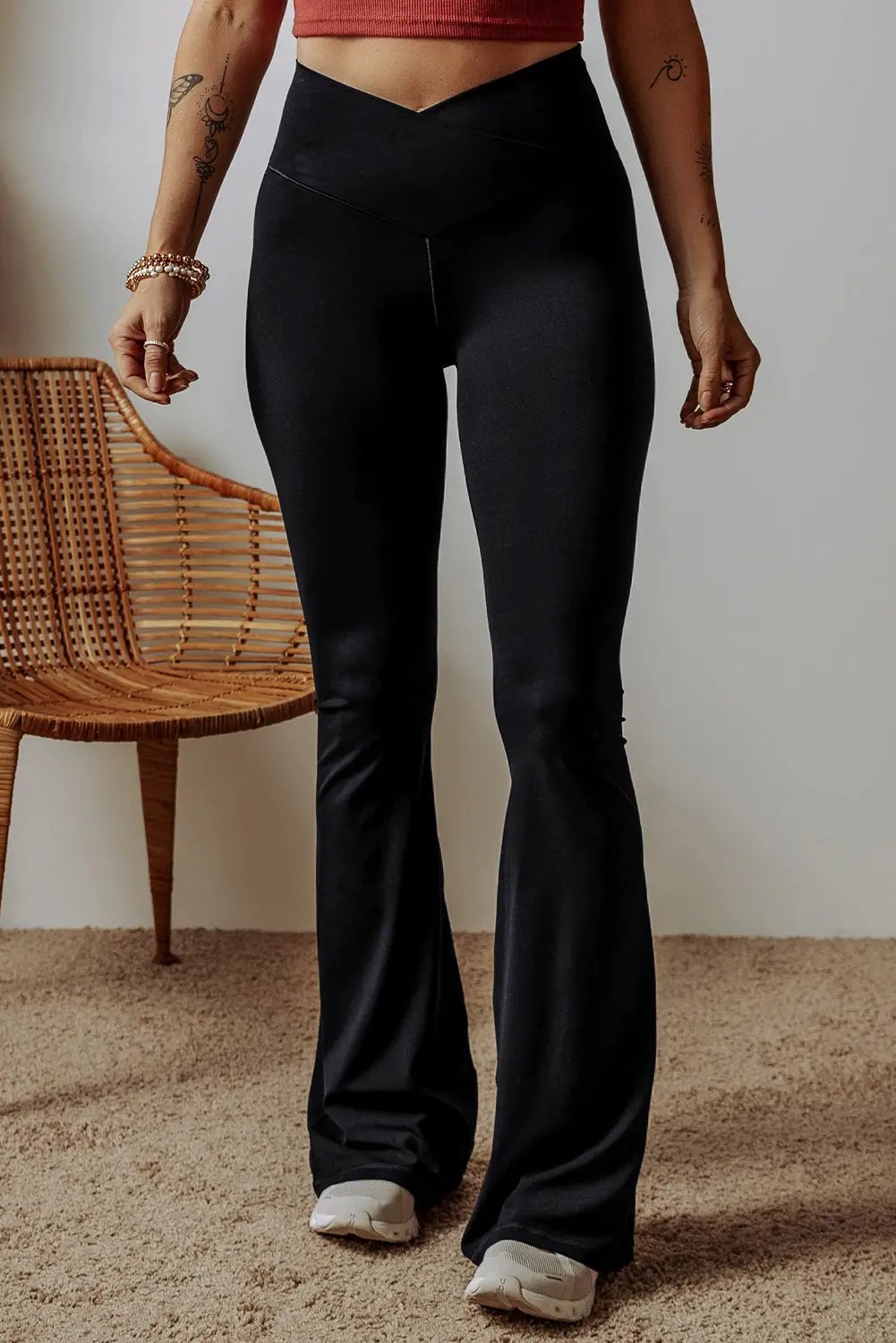 Grateful Threads Boutique Black V Shape High Waist Flared Leggings - Leggings
