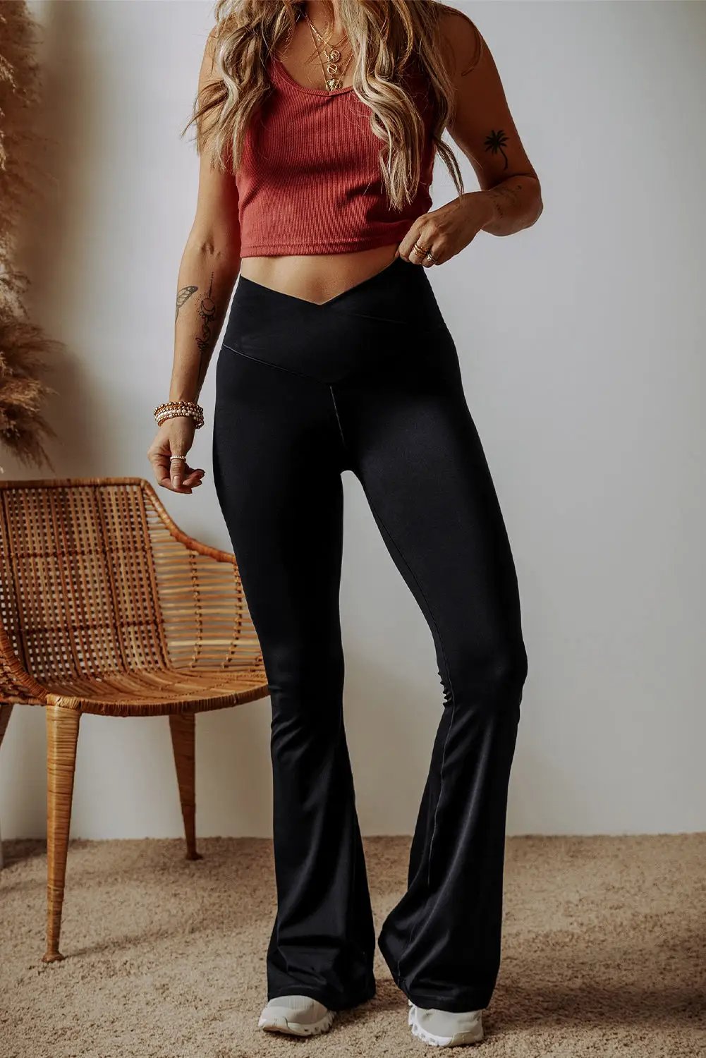 Grateful Threads Boutique Black V Shape High Waist Flared Leggings - Leggings