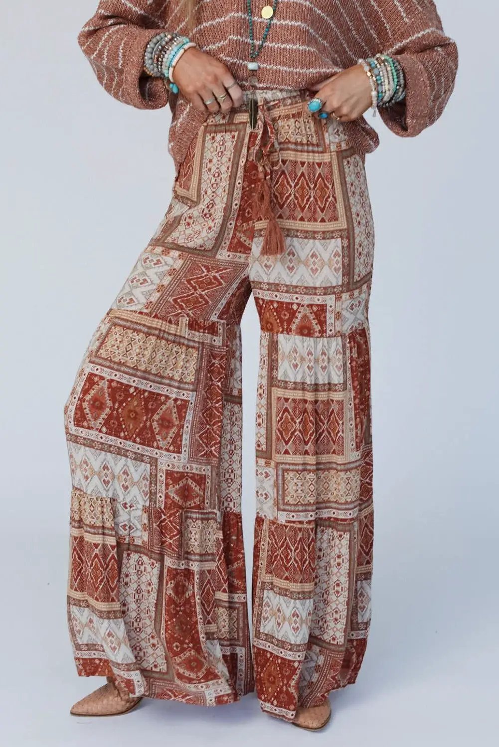 Grateful Threads Boutique Brown Boho Aztec Print Tiered Palazzo Pants - Pants