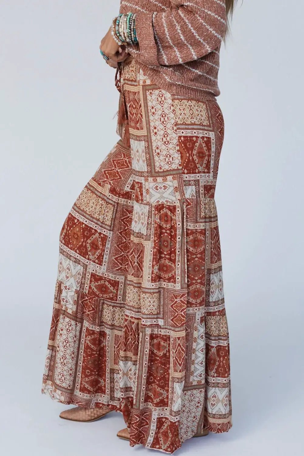 Grateful Threads Boutique Brown Boho Aztec Print Tiered Palazzo Pants - Pants