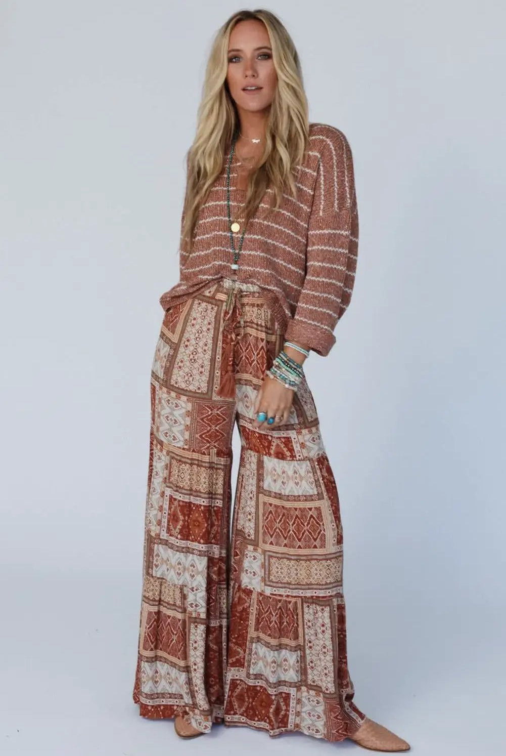 Grateful Threads Boutique Brown Boho Aztec Print Tiered Palazzo Pants - Pants