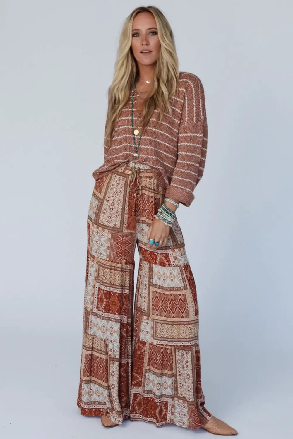 Grateful Threads Boutique Brown Boho Aztec Print Tiered Palazzo Pants - Pants