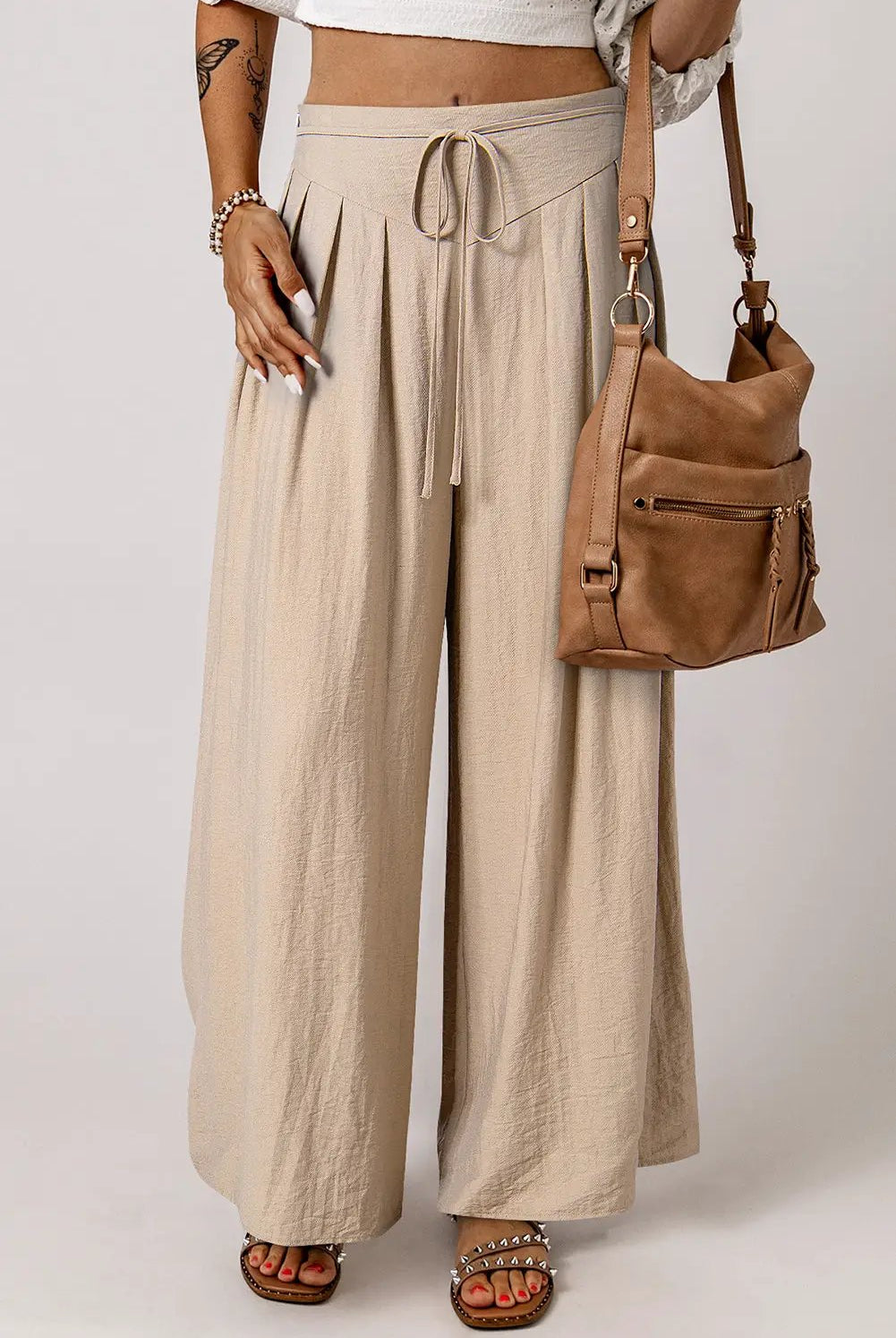 Grateful Threads Boutique Beige Drawstring Waist Pleated Wide Leg Casual Pants - Pants drawstring waist wide leg pants