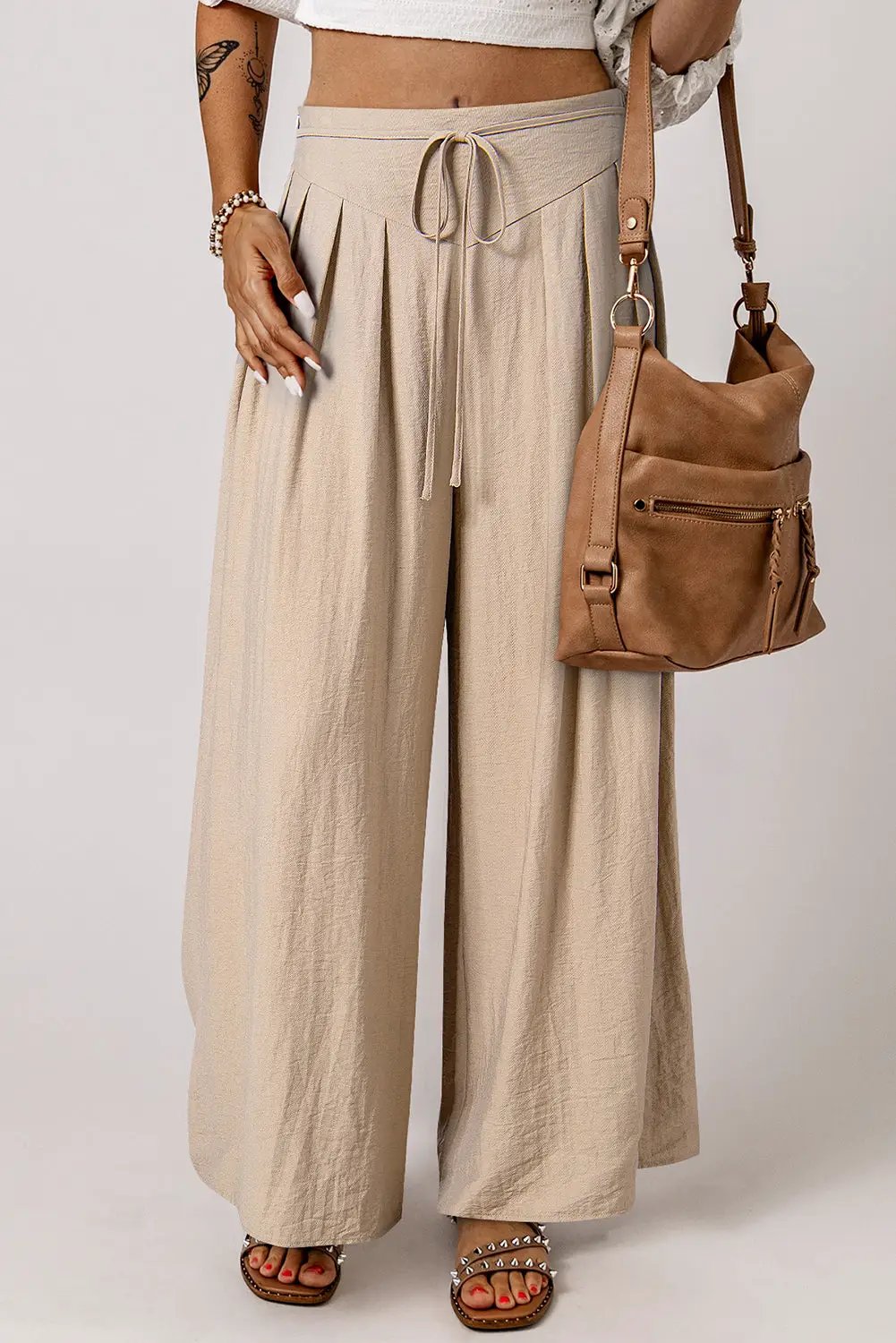 Grateful Threads Boutique Beige Drawstring Waist Pleated Wide Leg Casual Pants - Pants drawstring waist wide leg pants