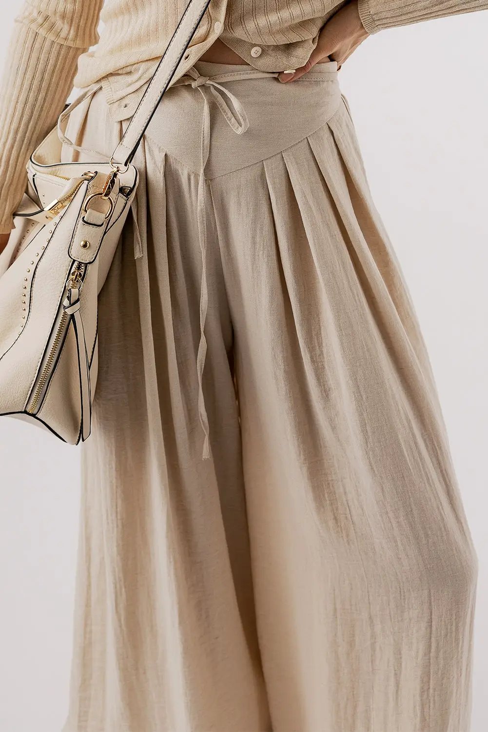 Grateful Threads Boutique Beige Drawstring Waist Pleated Wide Leg Casual Pants - Pants drawstring waist wide leg pants