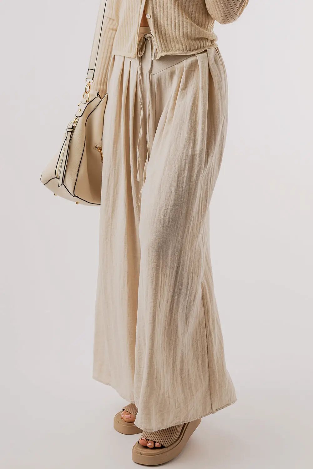 Grateful Threads Boutique Beige Drawstring Waist Pleated Wide Leg Casual Pants - Pants drawstring waist wide leg pants