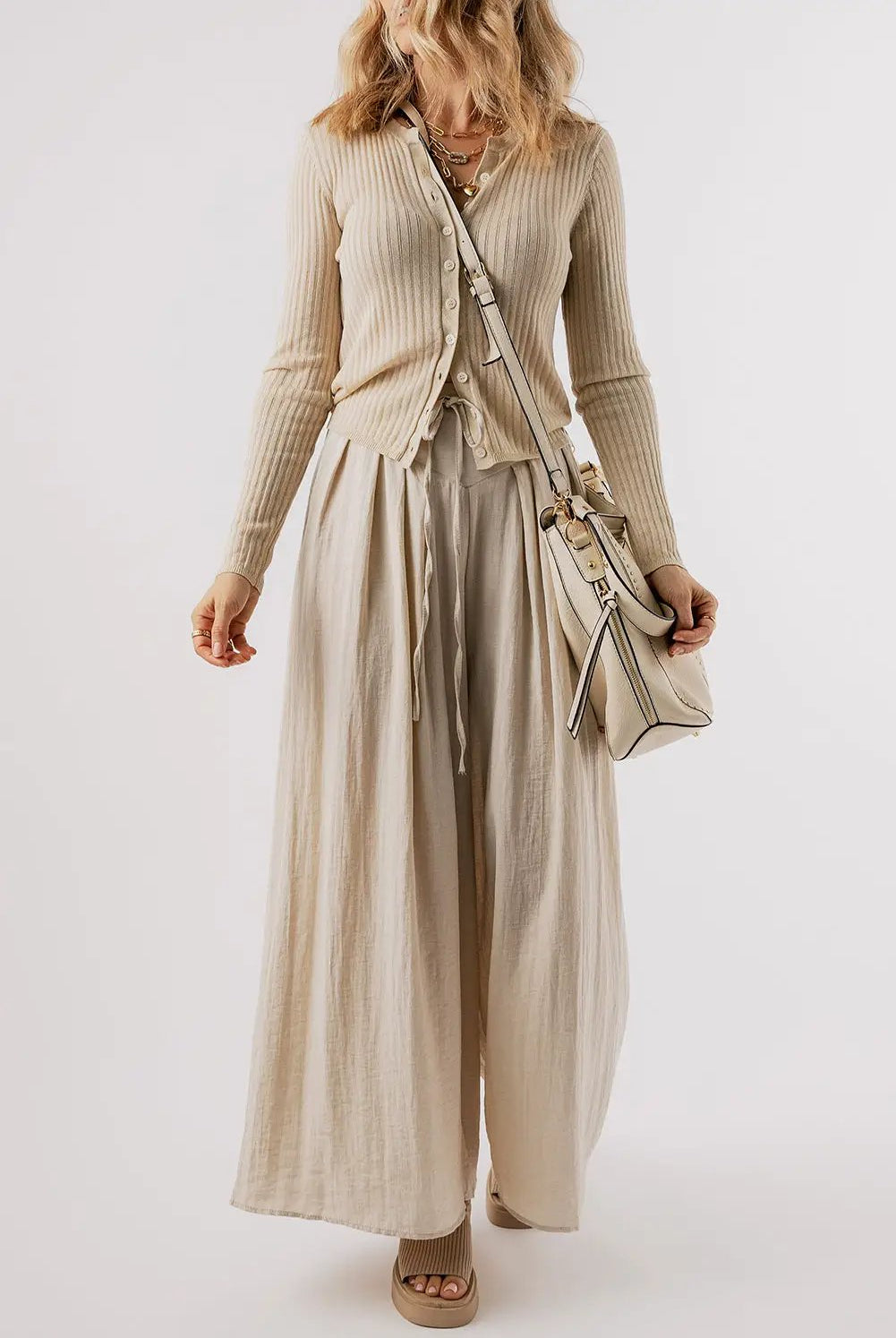 Grateful Threads Boutique Beige Drawstring Waist Pleated Wide Leg Casual Pants - Pants drawstring waist wide leg pants