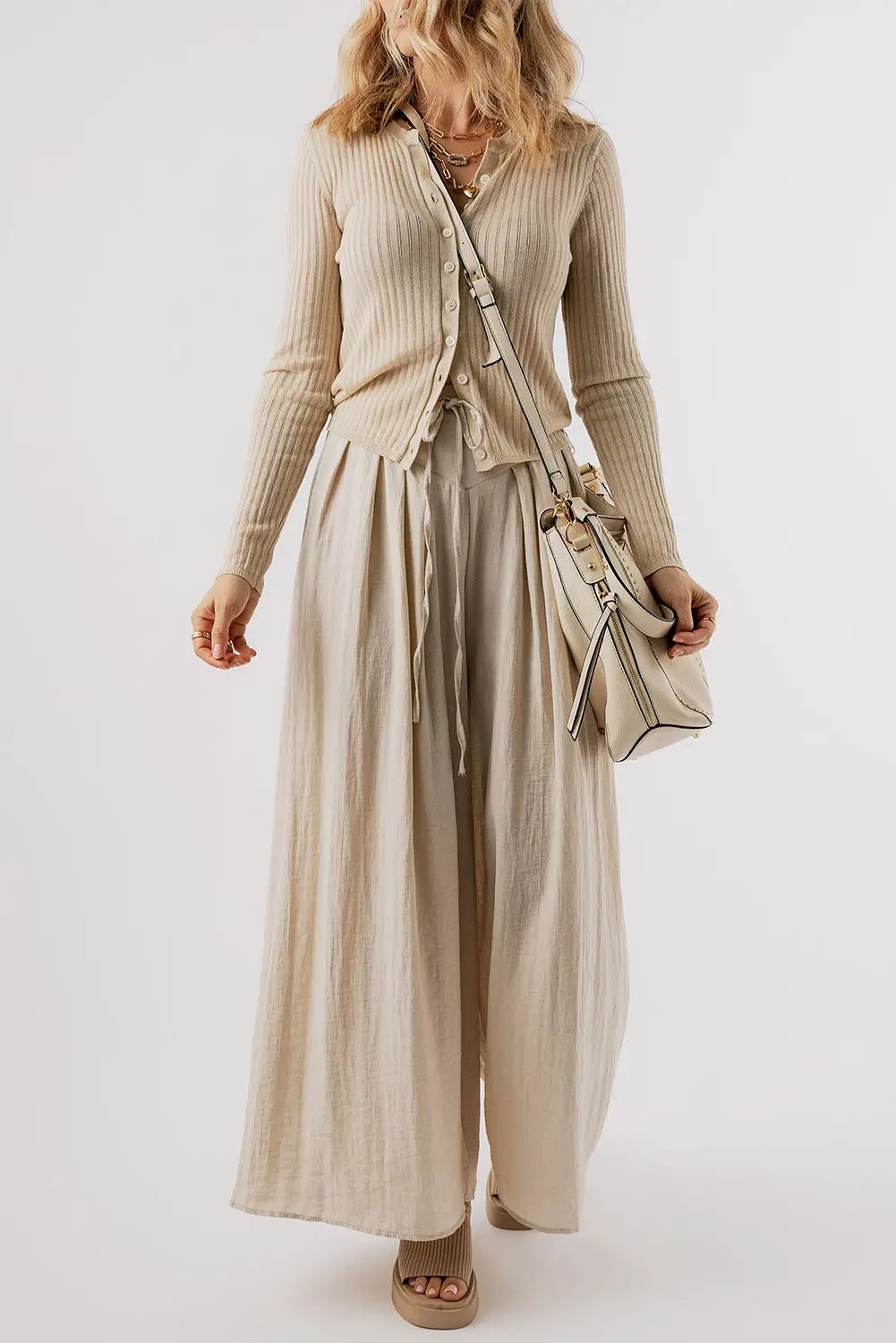 Grateful Threads Boutique Beige Drawstring Waist Pleated Wide Leg Casual Pants - Pants drawstring waist wide leg pants