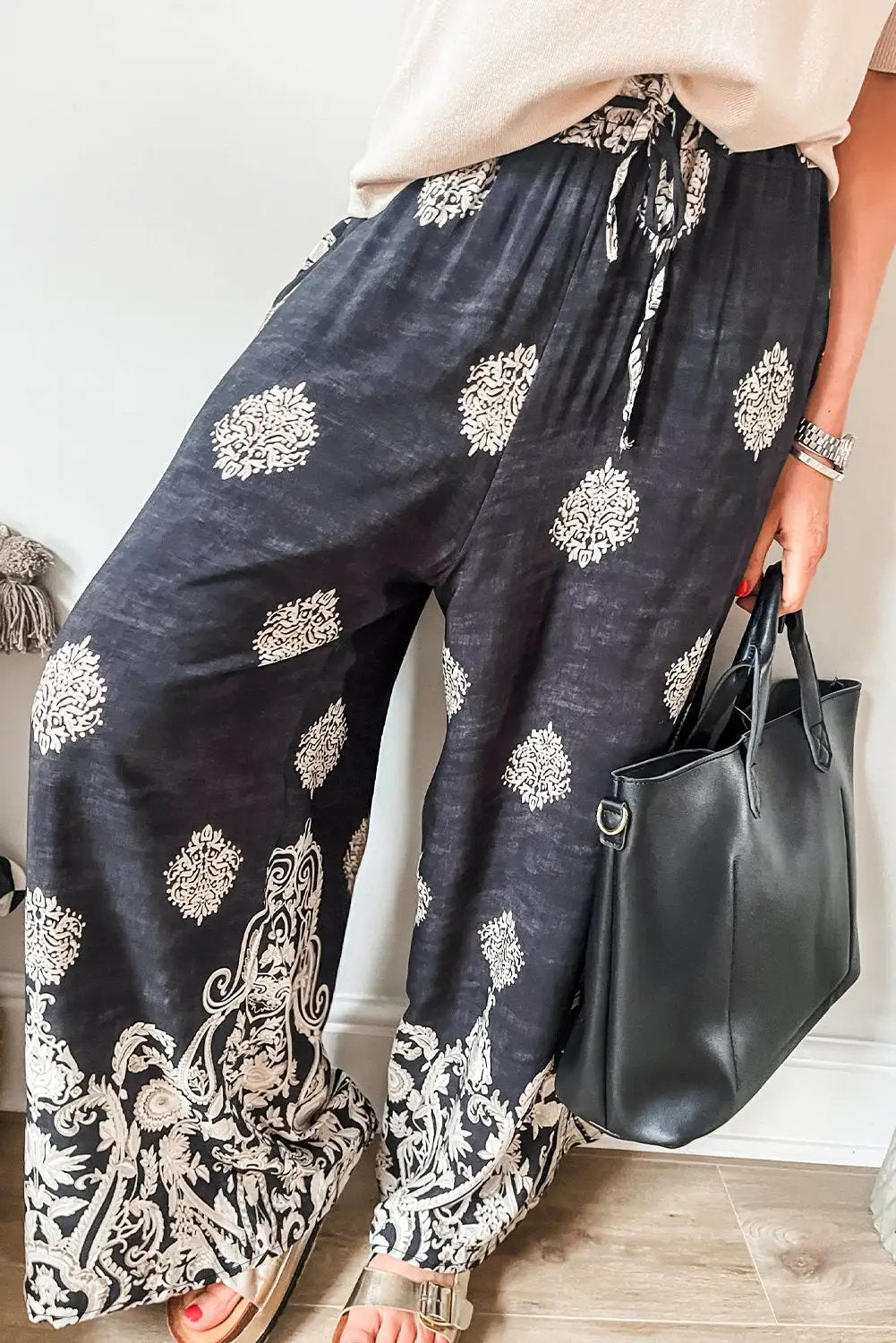 Grateful Threads Boutique Black Bohemian Printed Drawstring Waist Wide Leg Pants - Pants Black Bohemian Printed Drawstring Waist Wide Leg Pants