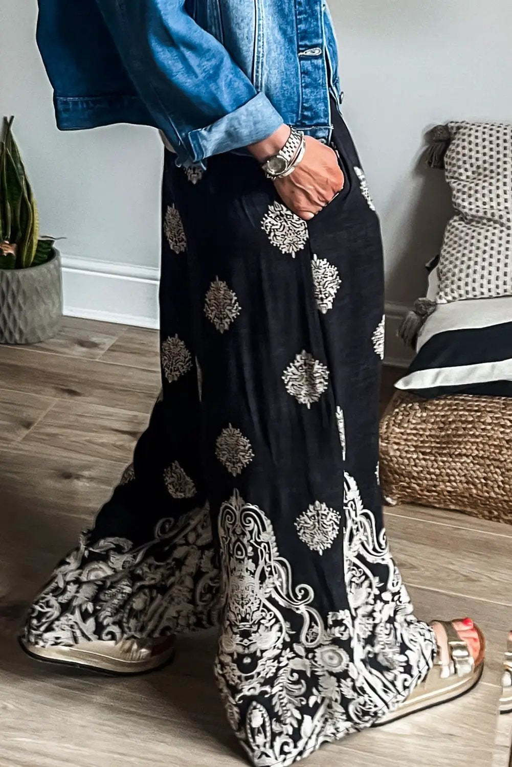 Grateful Threads Boutique Black Bohemian Printed Drawstring Waist Wide Leg Pants - Pants Black Bohemian Printed Drawstring Waist Wide Leg Pants