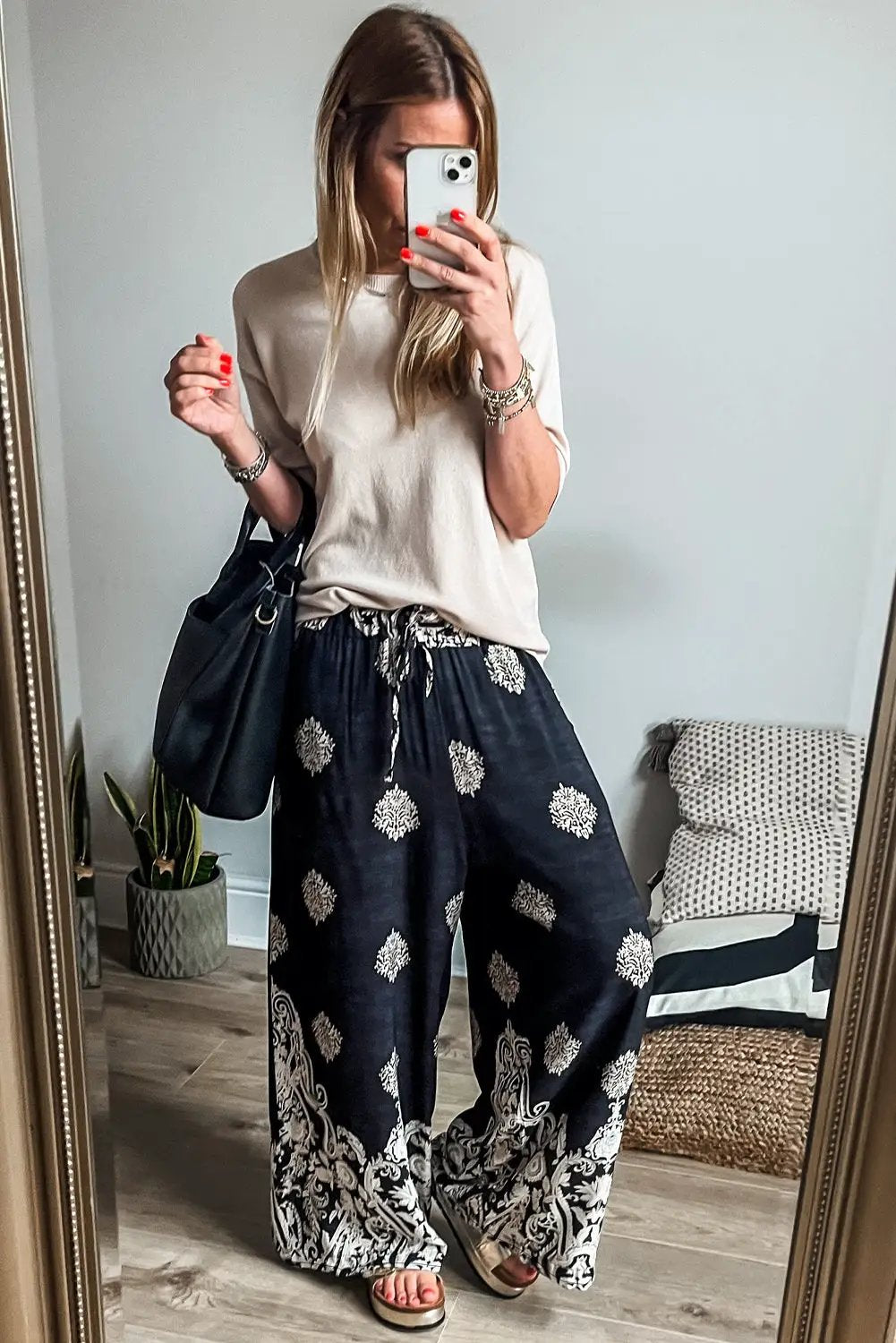 Grateful Threads Boutique Black Bohemian Printed Drawstring Waist Wide Leg Pants - Pants Black Bohemian Printed Drawstring Waist Wide Leg Pants