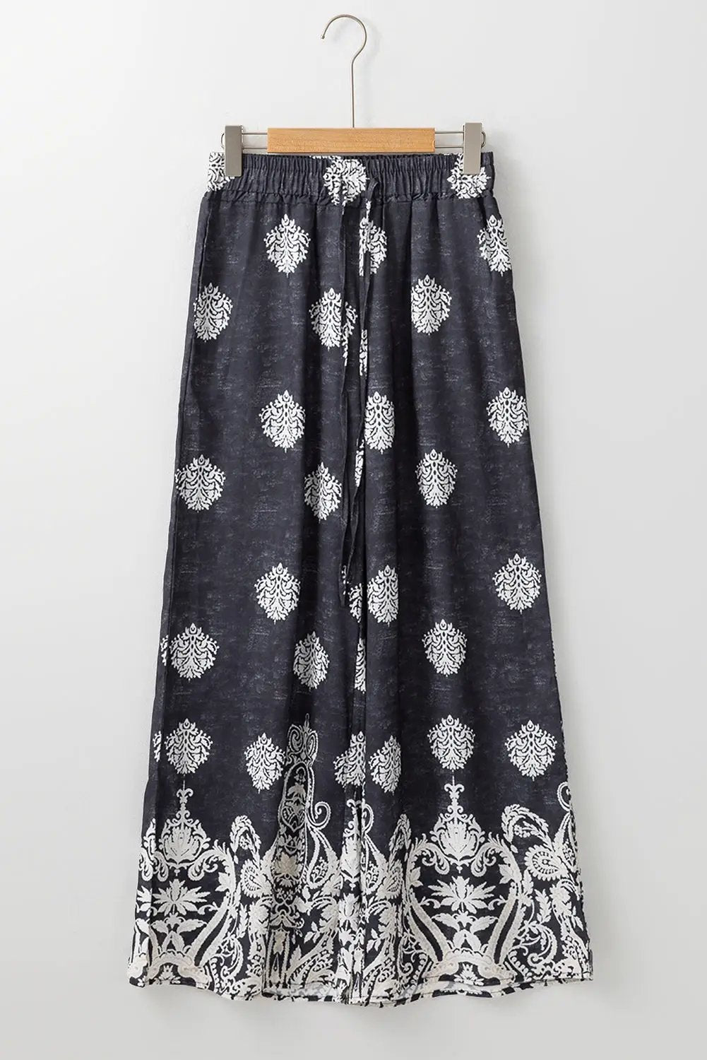 Grateful Threads Boutique Black Bohemian Printed Drawstring Waist Wide Leg Pants - Pants Black Bohemian Printed Drawstring Waist Wide Leg Pants