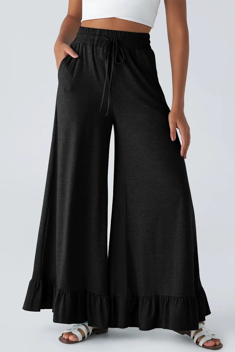 Grateful Threads Boutique Black Ruffle Bottom Drawstring Pant - Trousers Black Ruffle Bottom Drawstring Pant