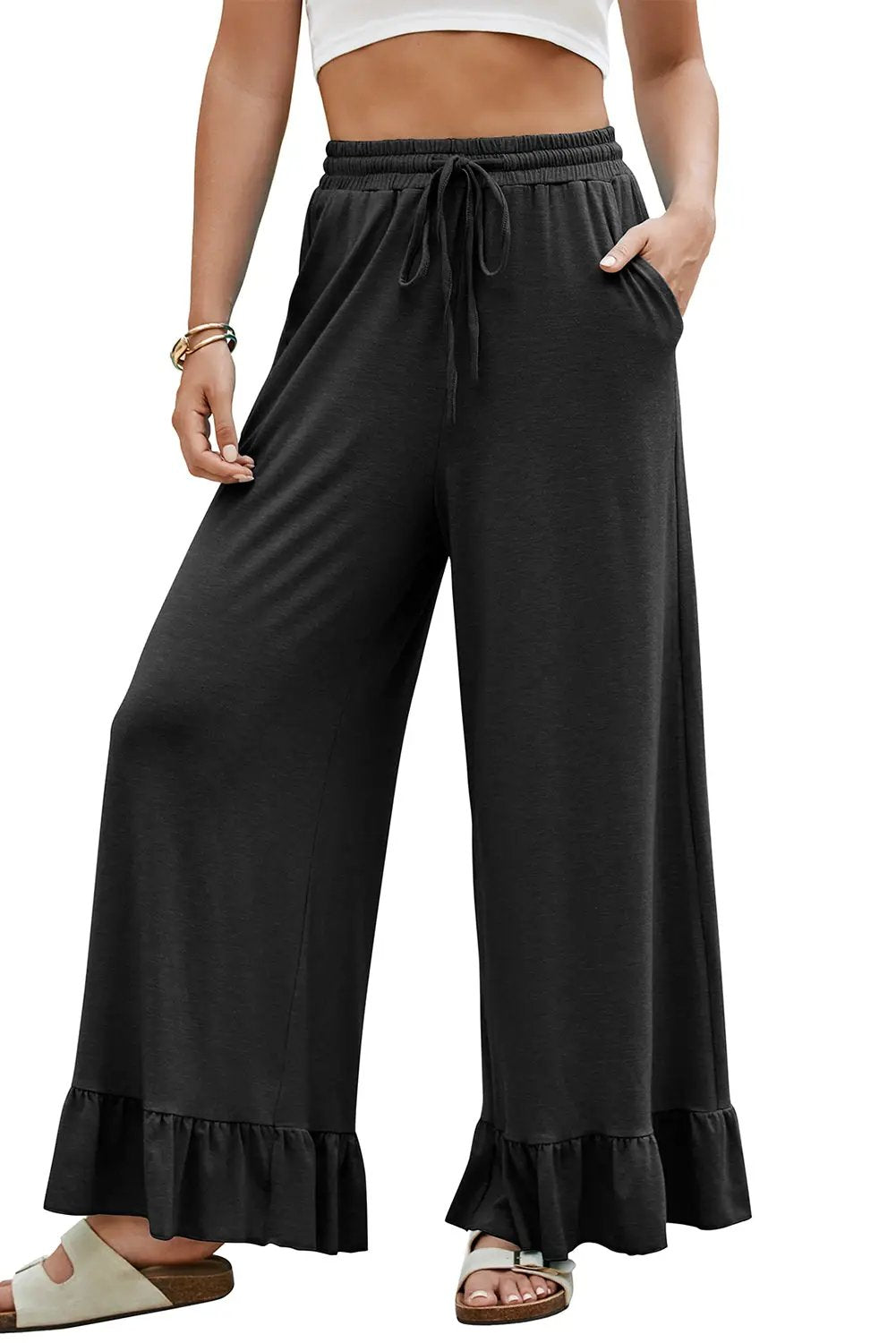 Grateful Threads Boutique Black Ruffle Bottom Drawstring Pant - Trousers Black Ruffle Bottom Drawstring Pant