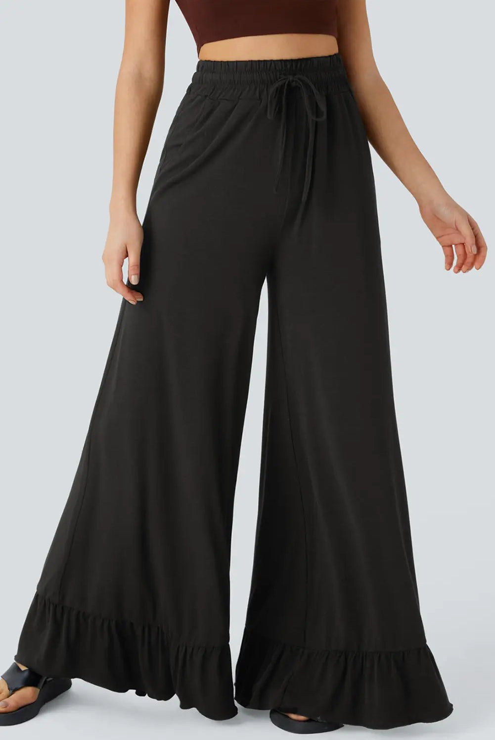 Grateful Threads Boutique Black Ruffle Bottom Drawstring Pant - Trousers Black Ruffle Bottom Drawstring Pant