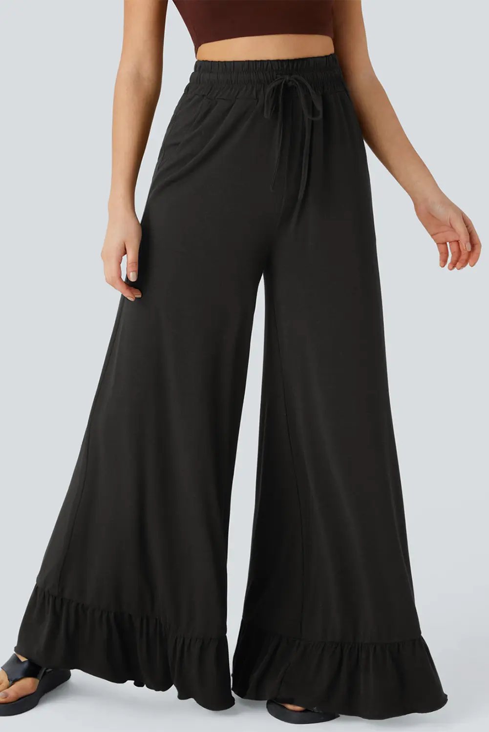 Grateful Threads Boutique Black Ruffle Bottom Drawstring Pant - Trousers Black Ruffle Bottom Drawstring Pant