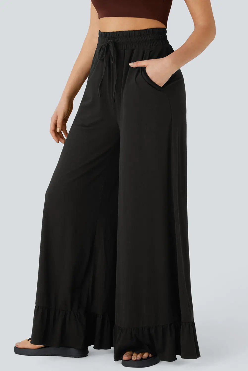Grateful Threads Boutique Black Ruffle Bottom Drawstring Pant - Trousers Black Ruffle Bottom Drawstring Pant