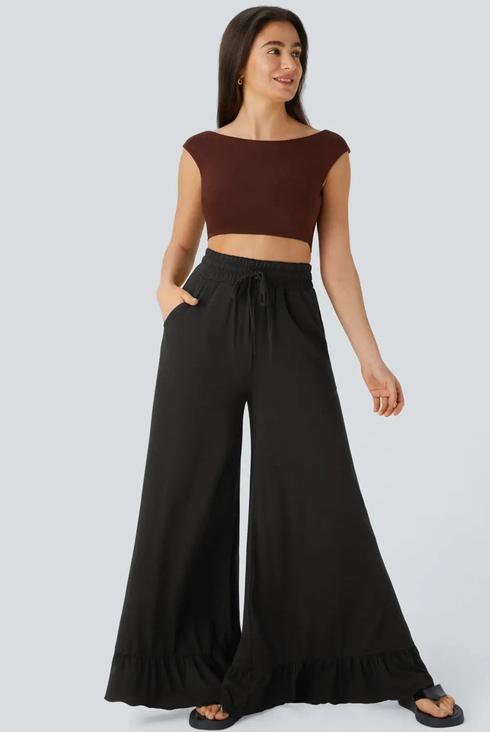 Grateful Threads Boutique Black Ruffle Bottom Drawstring Pant - Trousers Black Ruffle Bottom Drawstring Pant