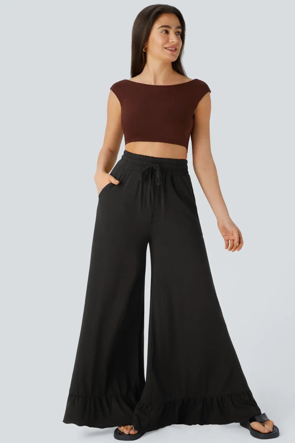 Grateful Threads Boutique Black Ruffle Bottom Drawstring Pant - Trousers Black Ruffle Bottom Drawstring Pant