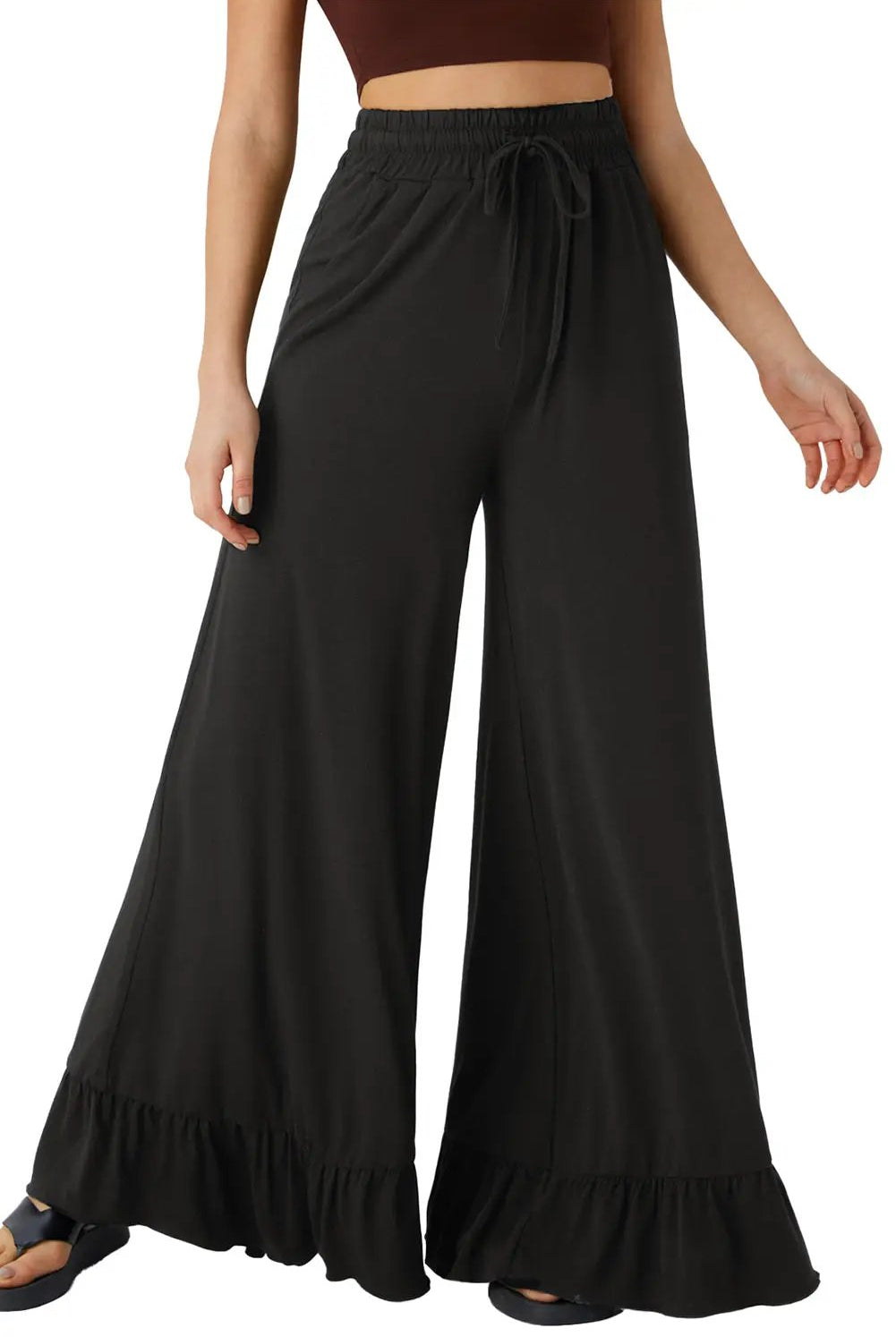 Grateful Threads Boutique Black Ruffle Bottom Drawstring Pant - Trousers Black Ruffle Bottom Drawstring Pant