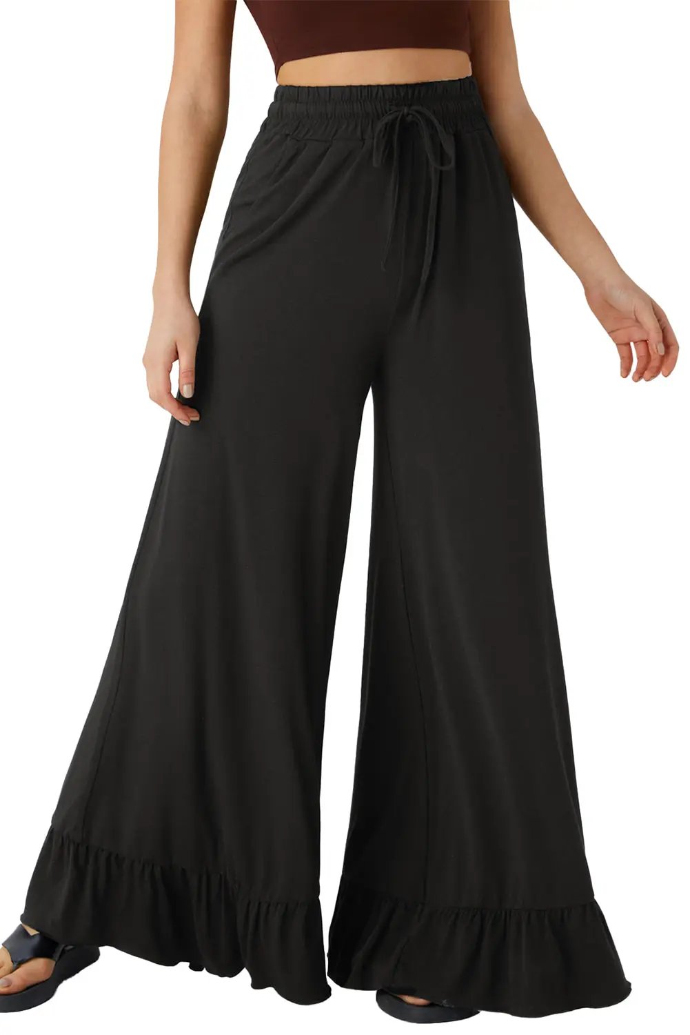 Grateful Threads Boutique Black Ruffle Bottom Drawstring Pant - Trousers Black Ruffle Bottom Drawstring Pant
