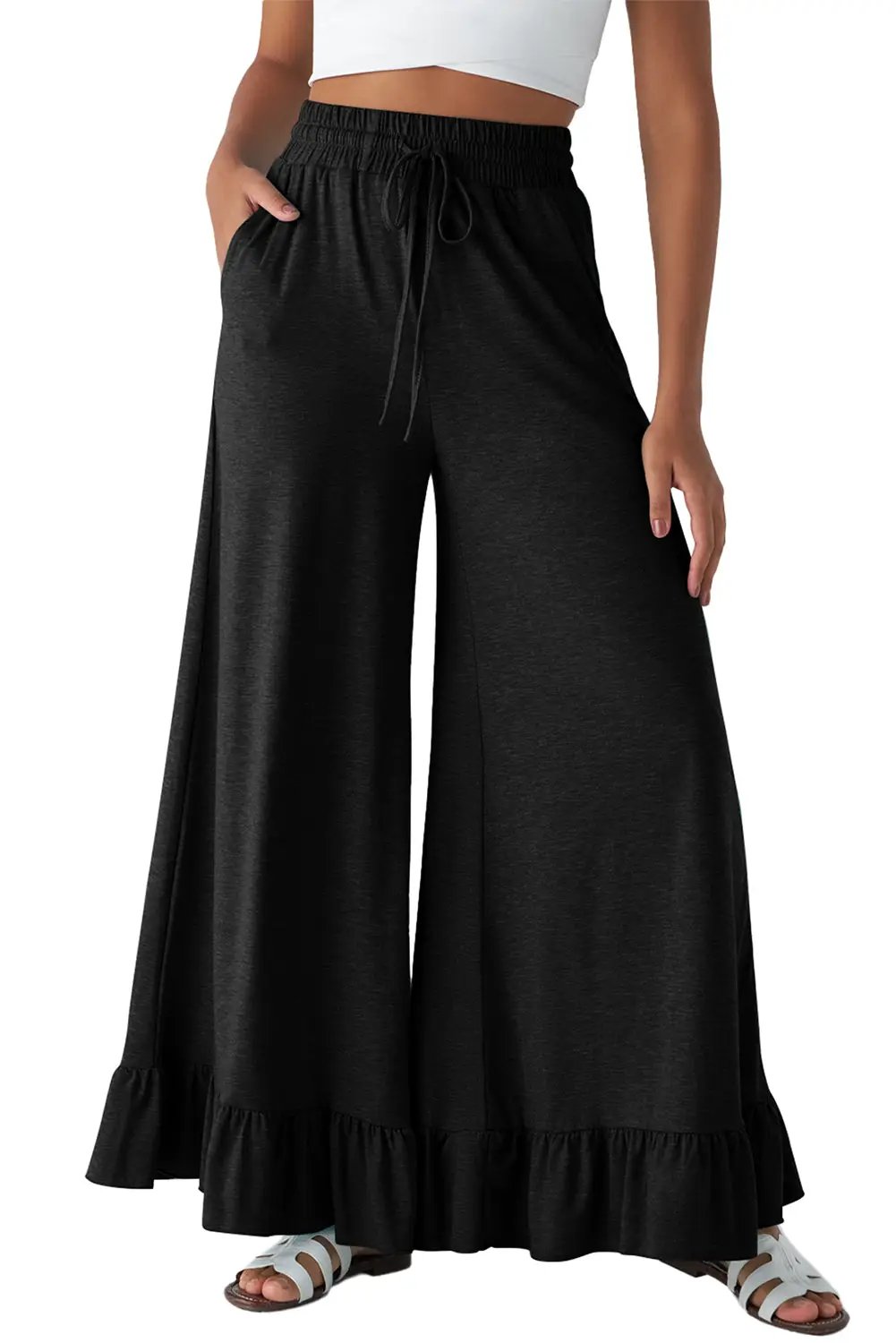 Grateful Threads Boutique Black Ruffle Bottom Drawstring Pant - Trousers Black Ruffle Bottom Drawstring Pant