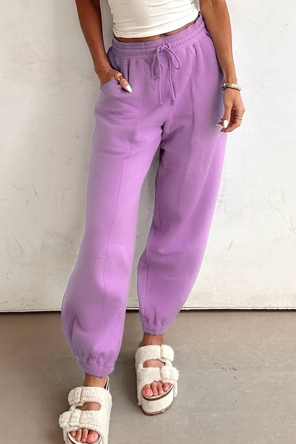 Grateful Threads Boutique Lilac Drawstring Waist Patchwork Solid Color Jogger Pants - Joggers