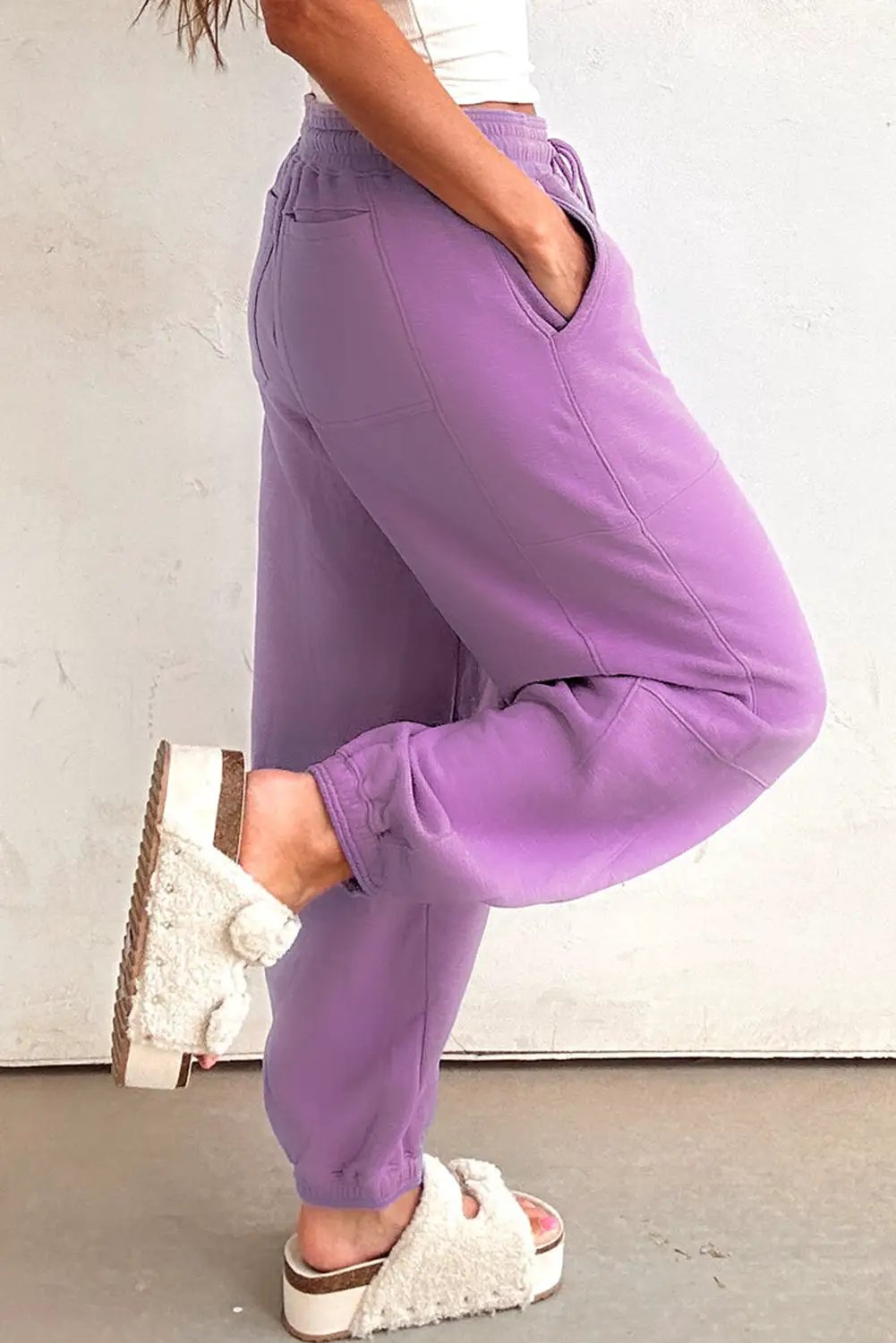 Grateful Threads Boutique Lilac Drawstring Waist Patchwork Solid Color Jogger Pants - Joggers